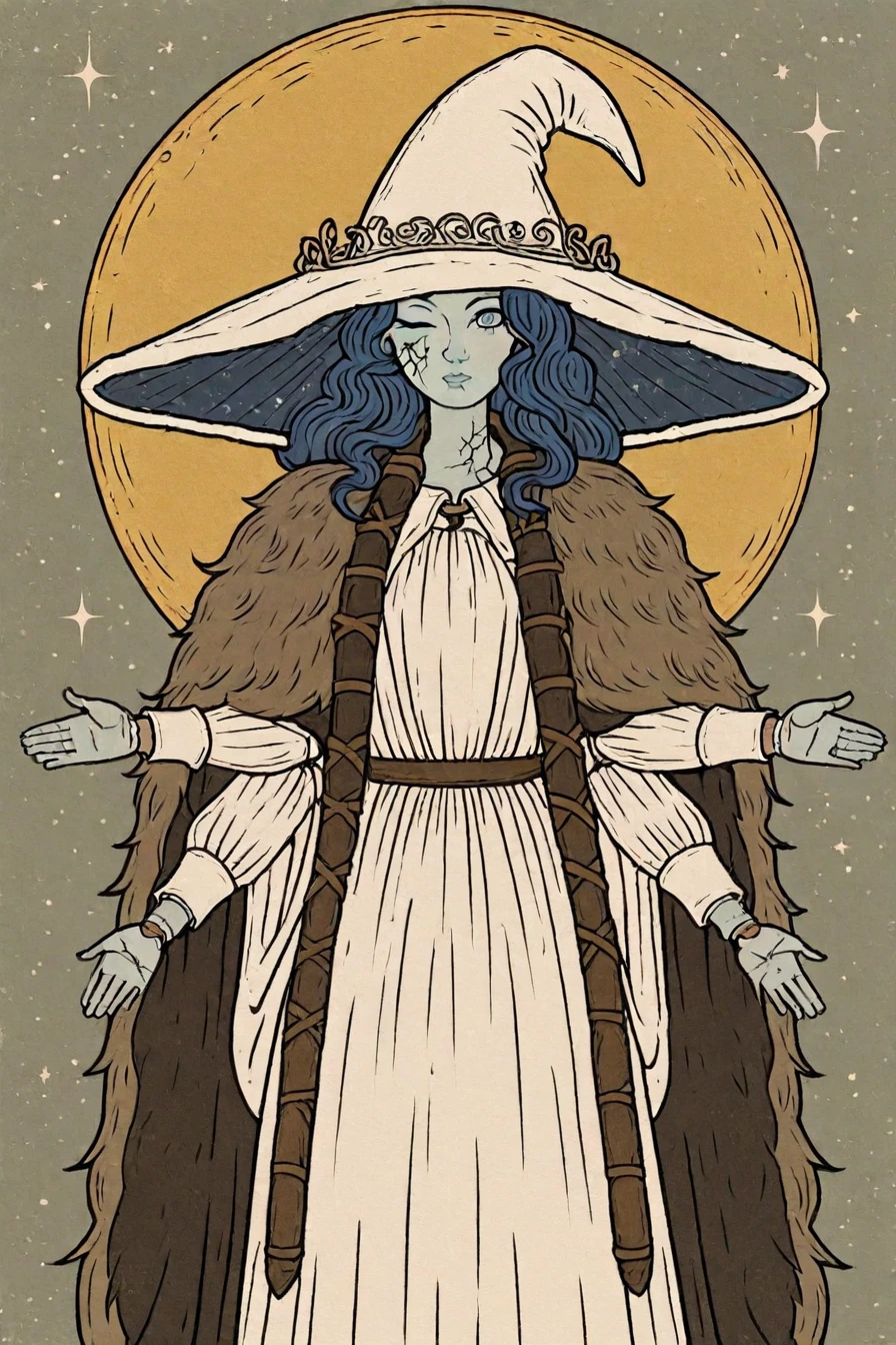 <lora:Ranni_illusXLNoobAI_Incrs_v1:0.8> RnnDef, blue eyes, one eye closed, blue hair, wavy hair, (4 arms:1.2), extra faces, ghost face, blue skin, colored skin, cracked skin, doll joints, witch hat, large hat, white headwear, white dress, long sleeves, fur cloak, brown cloak, moon, stars, 1girl, solo, alone, <lora:tarot_illustration_style_illustriousXL-000025:1>, tarot_illustration_style, masterpiece, highres