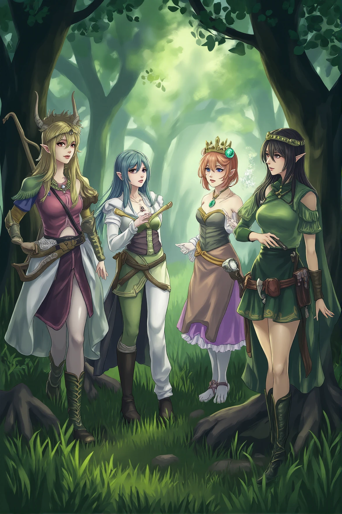 A group of waifus dressed in elaborate fantasy costumes gathers in a lush, misty forest. The sunlight filters through the dense canopy, casting a magical glow on their detailed outfits. One waifu, portraying an elven archer, stands poised with her bow, while another, as a sorceress, conjures a glowing orb. The scene captures the essence of a live-action role-playing adventure.
<lora:anime-waifu-flux:1>
