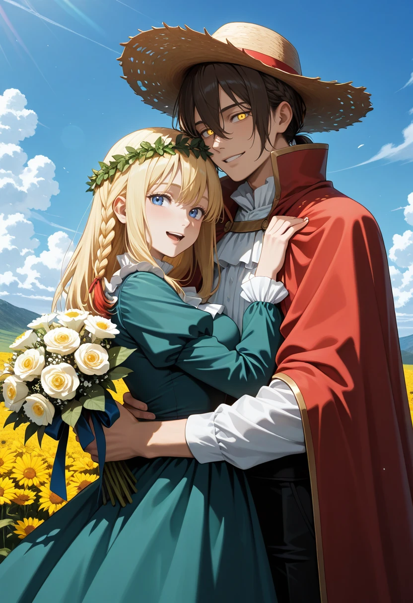 (attentive:1.2), masterpiece,best quality,amazing quality,very aesthetic,absurdres,newest,<lora:dark:0.6>, howl\(howl_no_ugoku_shiro)\, sophie\(howl_no_ugoku_shiro)\, absurdres, highres, 1boy, 1girl, blonde_hair, blue_eyes, blue_sky, bouquet, braid, brown_hair, cape, couple, cowboy_shot, dress, frilled_dress, frills, full_body, green_dress, hand_on_another's_shoulder, hat, head_wreath, hetero, holding, holding_bouquet, hug, long_hair, long_sleeves, looking_at_viewer, medium_hair, open_mouth, puffy_sleeves, red_cape, shirt, sky, smile, straw_hat, sun_hat, teeth, too_many_flowers, white_shirt, yellow_eyes,