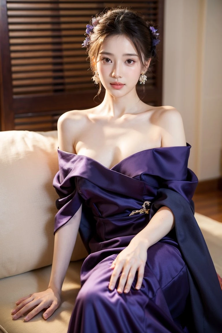 fashion modell, perfect eyes, Perfect iris, Perfect lips, perfect teeth, flawless skin, Glow, (Subdued Color:1.2), Baby Face Woman,
Gorgeous dress up, purple dress,
Standing,
Kamimei, Photorealsitic、8k picture