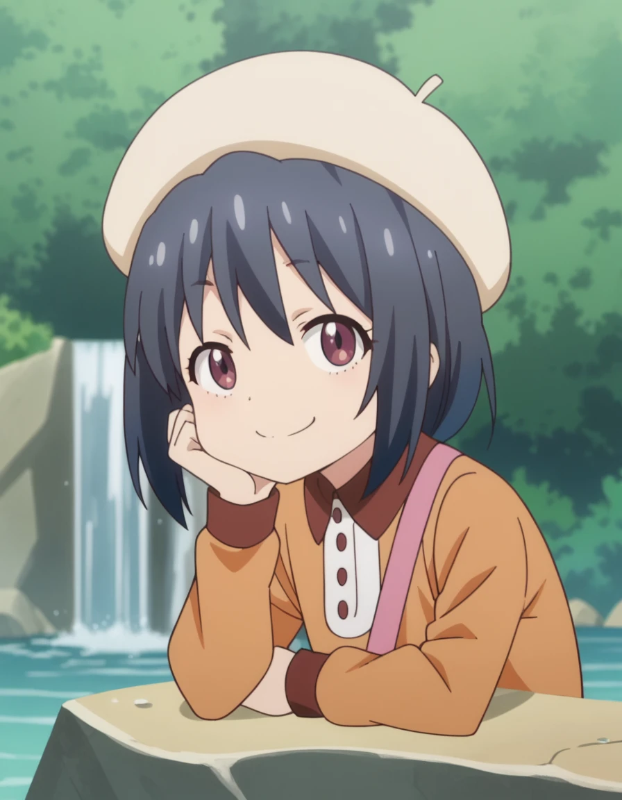 score_9, score_8_up, score_7_up, source_anime, <lora:bijutsu-moeka-s1-ponyxl-lora-nochekaiser:1>, bijutsu moeka, short hair, bangs, black hair, blue hair, purple eyes, anime screencap,, long sleeves, hat, dress, beret,, waterfall, water, rocks, plunge, spray, smile, head rest, smug, looking at viewer, solo,, cowboy shot, solo