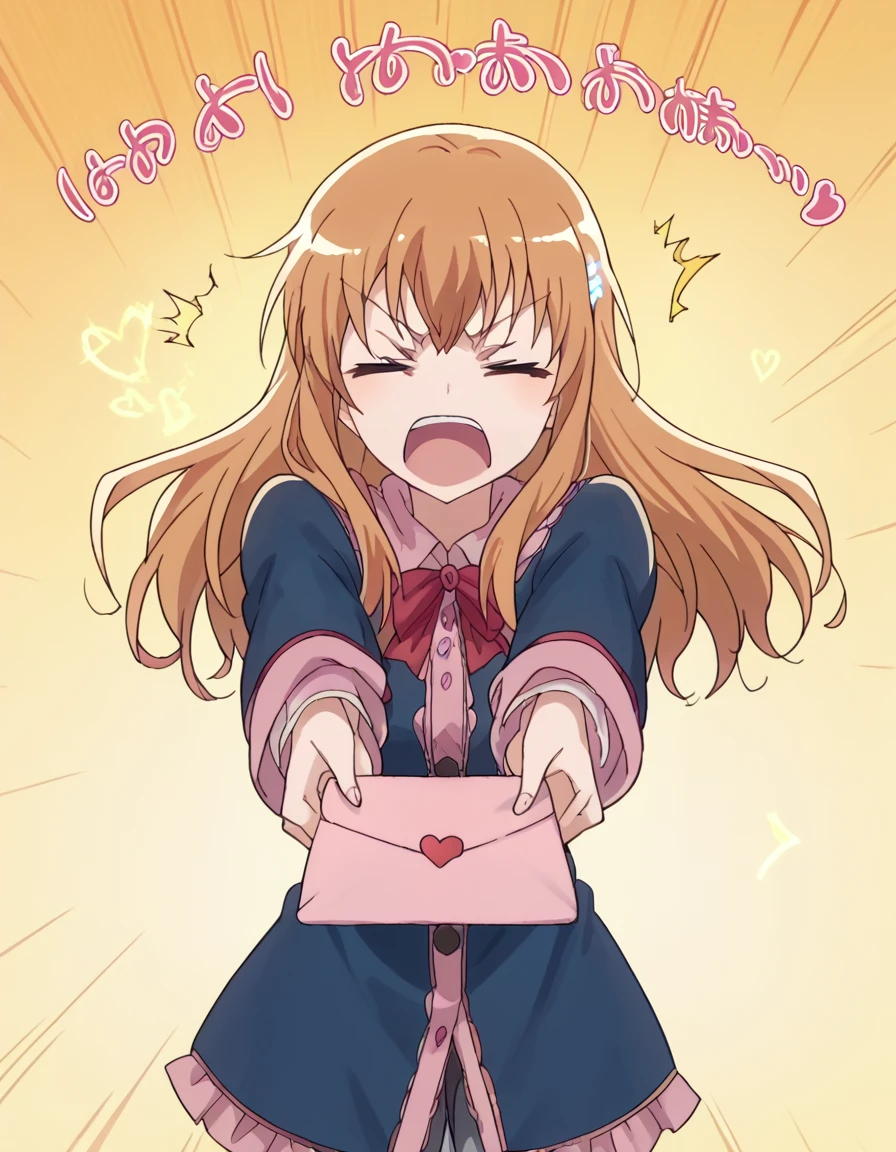 score_9, score_8_up, score_7_up, source_anime, <lora:benio-yonomori-s1-ponyxl-lora-nochekaiser:1>, benio yonomori, long hair, brown hair, brown eyes, medium breasts, anime screencap,, <lora:love-letter-ponyxl-lora-nochekaiser:1>, love letter, heart, valentine, letter, confession, incoming gift, outstretched arms, closed eyes, shouting,, , cowboy shot, solo