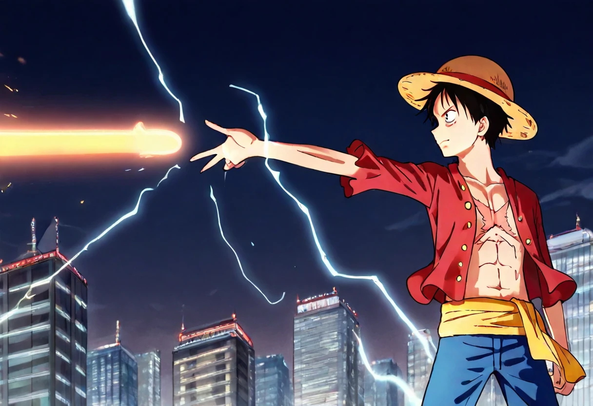 <lora:LUFFY_pony_XL:0.6>, Luffy, red jacket, scar on chest, straw hat, black hair, 1boy, solo, alone, <lora:railgun_technique_illustriousXL-000015:1>, orange beam, energy beam, from side, looking to the side, electricity, electrokinesis, one-arm outstretched, city background, masterpiece, highres