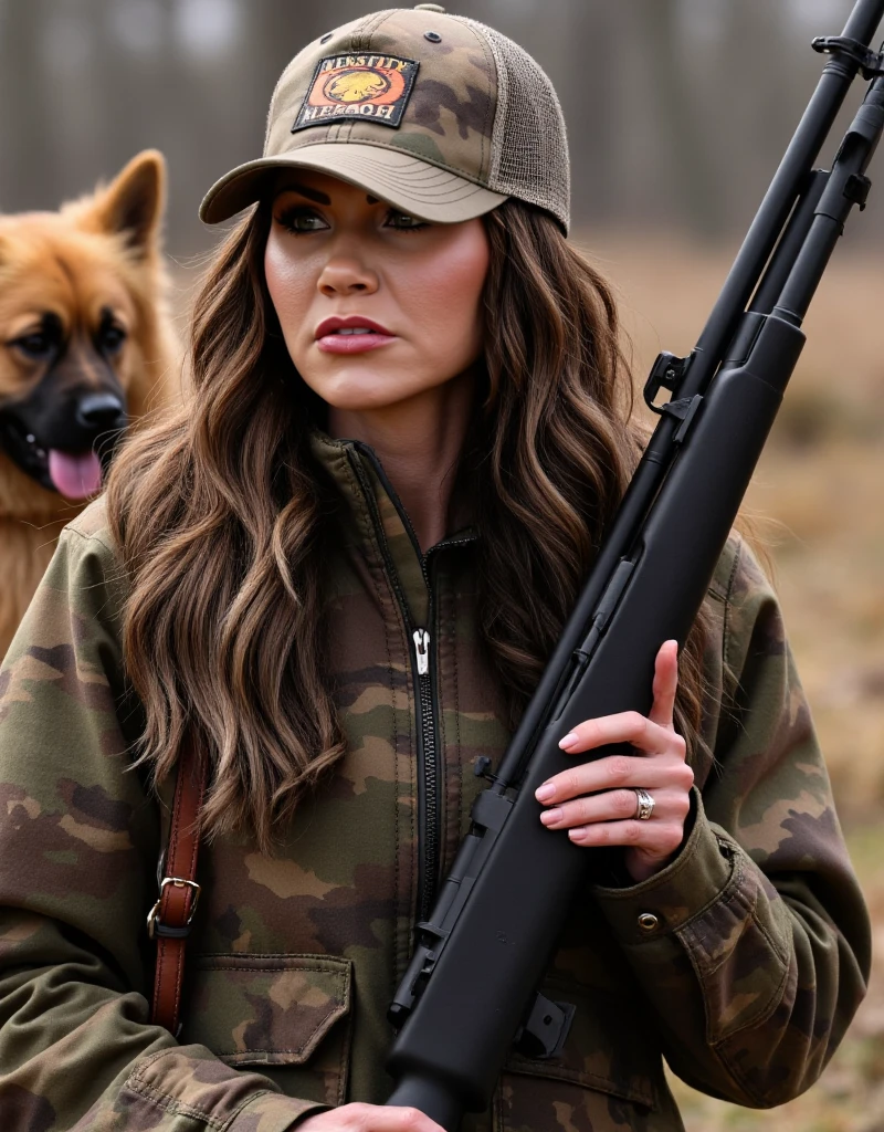 <lora:Kristi Noem:0.9> kristi noem, a woman. She wears a camouflage baseball cap and hunting gears. She holds a rifle. In the background a sad puppy.