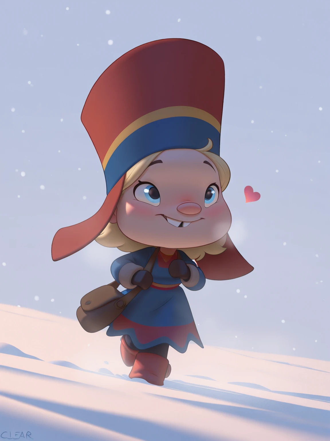 masterpiece, best quality, amazing quality, very aesthetic, absurdres, newest, dynamic_angle, defined facial features, clear picture, playing in the snow, snowing,
margu, buck teeth, uncensored, <lora:Margu_ILv0a:0.8> perfect hands, blush, <3, hearts, simple background, red-blue headwear, blue-red dress, smile, brown bag, chibi