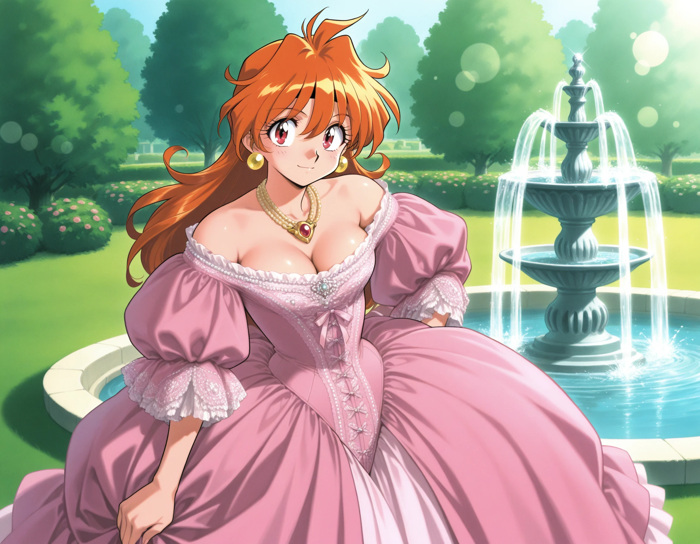 cinematic film still retro anime, (araizumi rui), 1girl, outdoors, garden, lina inverse, fountain, <lora:MITIMChristine-ILXL2025-01-26_20-17-26-save-294-42-0:0.85> fine fabric emphasis, pink ballgown, pink corset, lace, frills, sparkling, gem, pearls, curls, puffy sleeves, off-shoulder, baroque fashion, pearl necklace, pearl earrings, elegant, complicated, ornate, masterpiece, best quality, very aesthetic, newest . shallow depth of field, vignette, highly detailed, high budget, bokeh, cinemascope, moody, epic, gorgeous, film grain, grainy