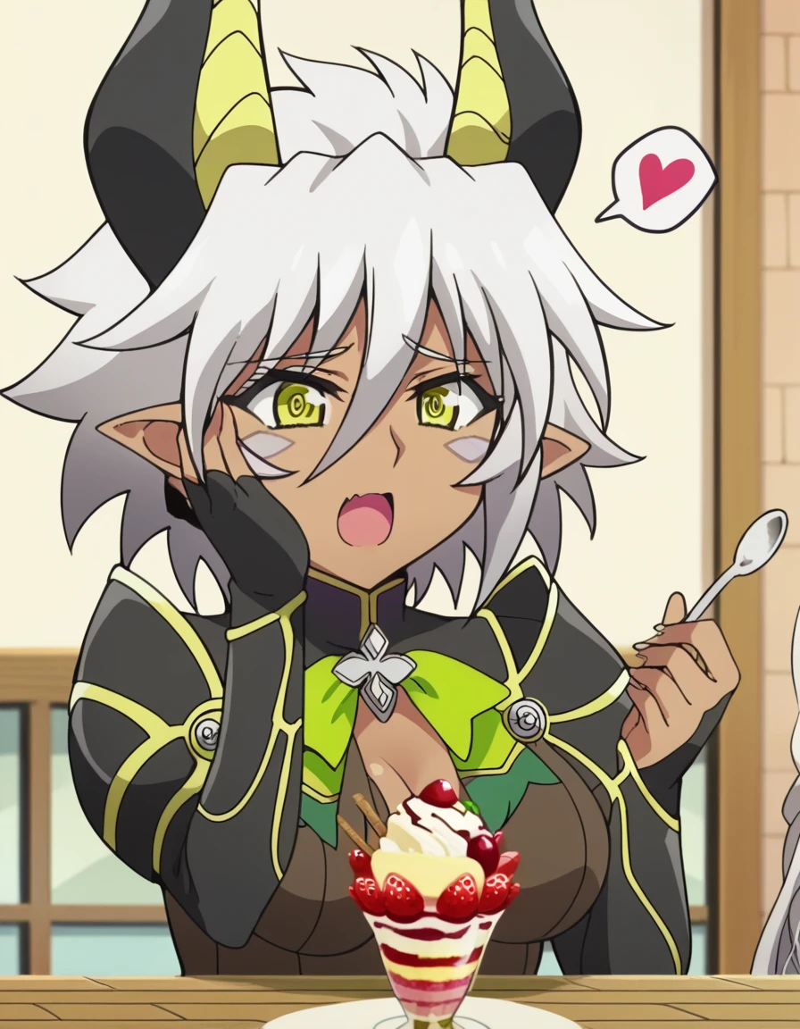score_9, score_8_up, score_7_up, source_anime, <lora:maoutestament-zest-s2-ponyxl-lora-nochekaiser:1>, maoutestament zest, short hair, hair between eyes, green eyes, yellow eyes, grey hair, horns, pointy ears, dark skin, dark-skinned female, facial mark, demon girl, demon horns,large breasts, anime screencap,, <lora:parfait-ponyxl-lora-nochekaiser:1>, parfait, open mouth, heart, food, sparkle, fruit, happy, hand on own face, spoken heart, ice cream, strawberry, spoon, hand on own cheek, cherry, holding spoon,, , cowboy shot, solo