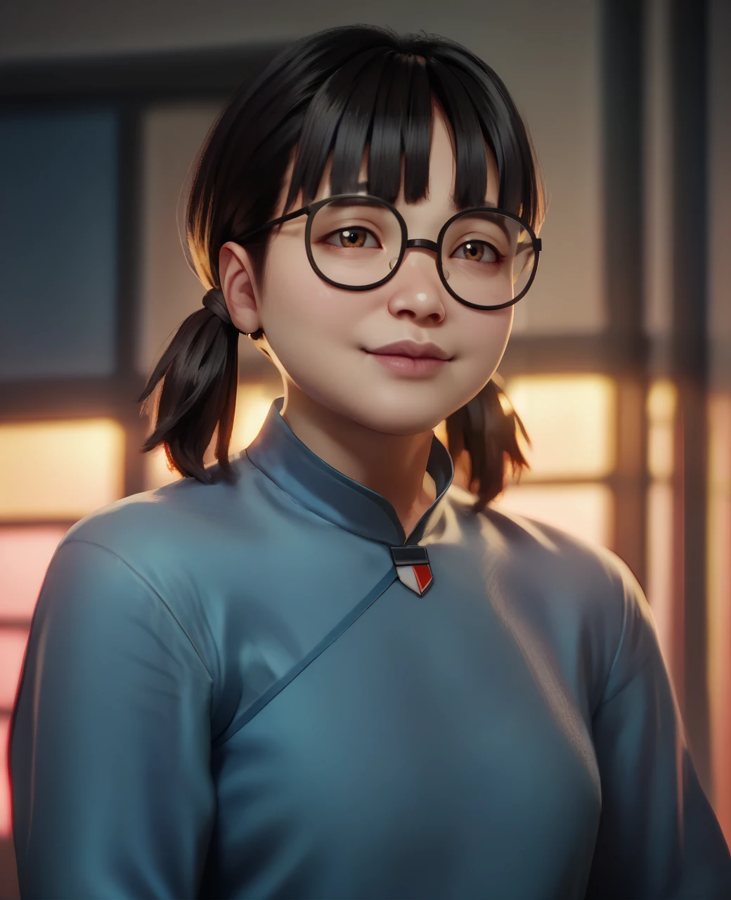 This little friend's mother))),aged 40))),intelligence,beautiful,naive,wears glasses,wearing cheongsam)))Bust facing the viewer ,A cute 3D anime rendering, lovely digital painting, Rendu portrait 8k, anime styled 3d, Green plants and lights in the background)))of interior spaces,The characters have backlighting