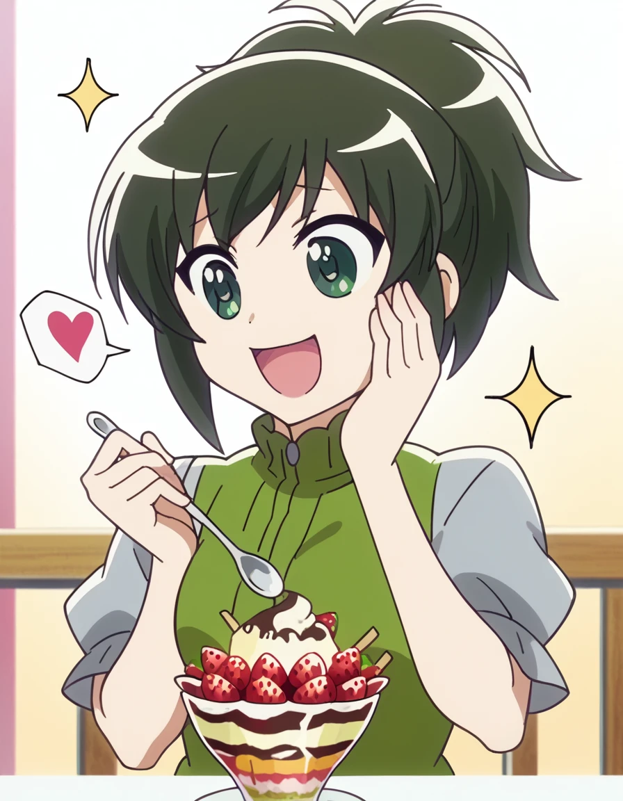 score_9, score_8_up, score_7_up, source_anime, <lora:niko-oono-s1-ponyxl-lora-nochekaiser:1>, niko oono, black hair, ponytail, green eyes, medium breasts, anime screencap,, <lora:parfait-ponyxl-lora-nochekaiser:1>, parfait, open mouth, heart, food, sparkle, fruit, happy, hand on own face, spoken heart, ice cream, strawberry, spoon, hand on own cheek, cherry, holding spoon,, , cowboy shot, solo