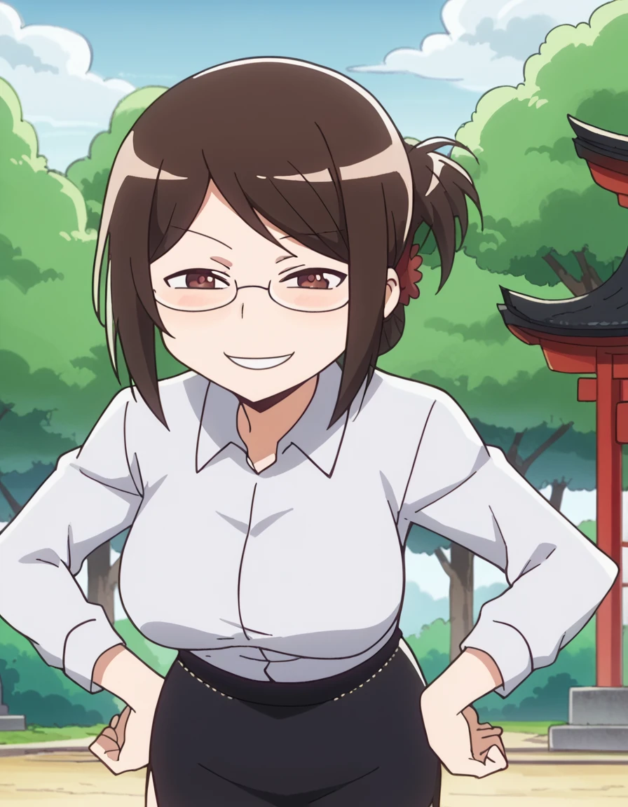 score_9, score_8_up, score_7_up, source_anime, <lora:akane-yonomori-s1-ponyxl-lora-nochekaiser:1>, akane yonomori, brown hair, hair ornament, brown eyes, glasses, folded ponytail, large breasts, anime screencap,, skirt, shirt, office lady, collared shirt, long sleeves, black skirt, shrine, holy, statues, trees, sacred, smile, <lora:anyas-heh-face-ponyxl-lora-nochekaiser:1> anyas heh face, anya's heh face (meme), smile, smug,, blush, leaning forward, bent over, hands on own hips, cowboy shot, looking at viewer, solo,, cowboy shot, solo