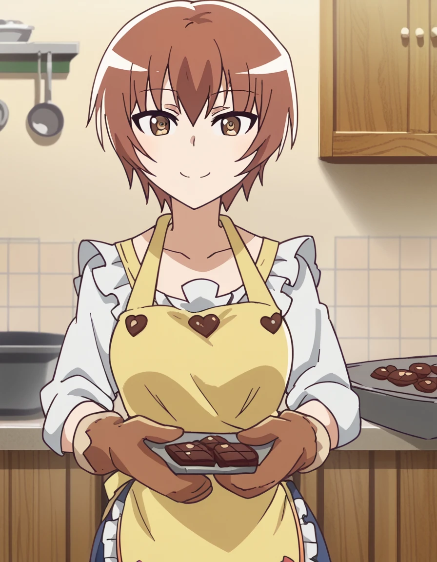 score_9, score_8_up, score_7_up, source_anime, <lora:nadeshiko-kashima-s1-ponyxl-lora-nochekaiser:1>, nadeshiko kashima, short hair, brown hair, brown eyes, medium breasts, anime screencap,, <lora:baking-cookies-ponyxl-lora-nochekaiser:1>, baking cookies, looking at viewer, blush, smile, gloves, holding, frills, food, indoors, apron, chocolate, cookie, oven mitts,, , cowboy shot, solo