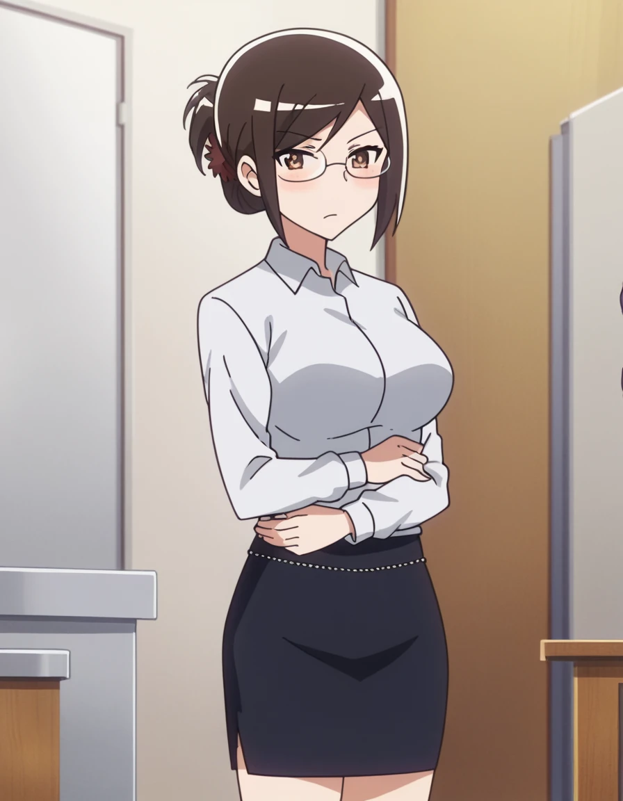 score_9, score_8_up, score_7_up, source_anime, <lora:akane-yonomori-s1-ponyxl-lora-nochekaiser:1>, akane yonomori, brown hair, hair ornament, brown eyes, glasses, folded ponytail, large breasts, anime screencap,, skirt, shirt, office lady, collared shirt, long sleeves, black skirt, museum, exhibits, art, history, visitors, , hands on stomach, blush,, looking at viewer, solo,, cowboy shot, solo