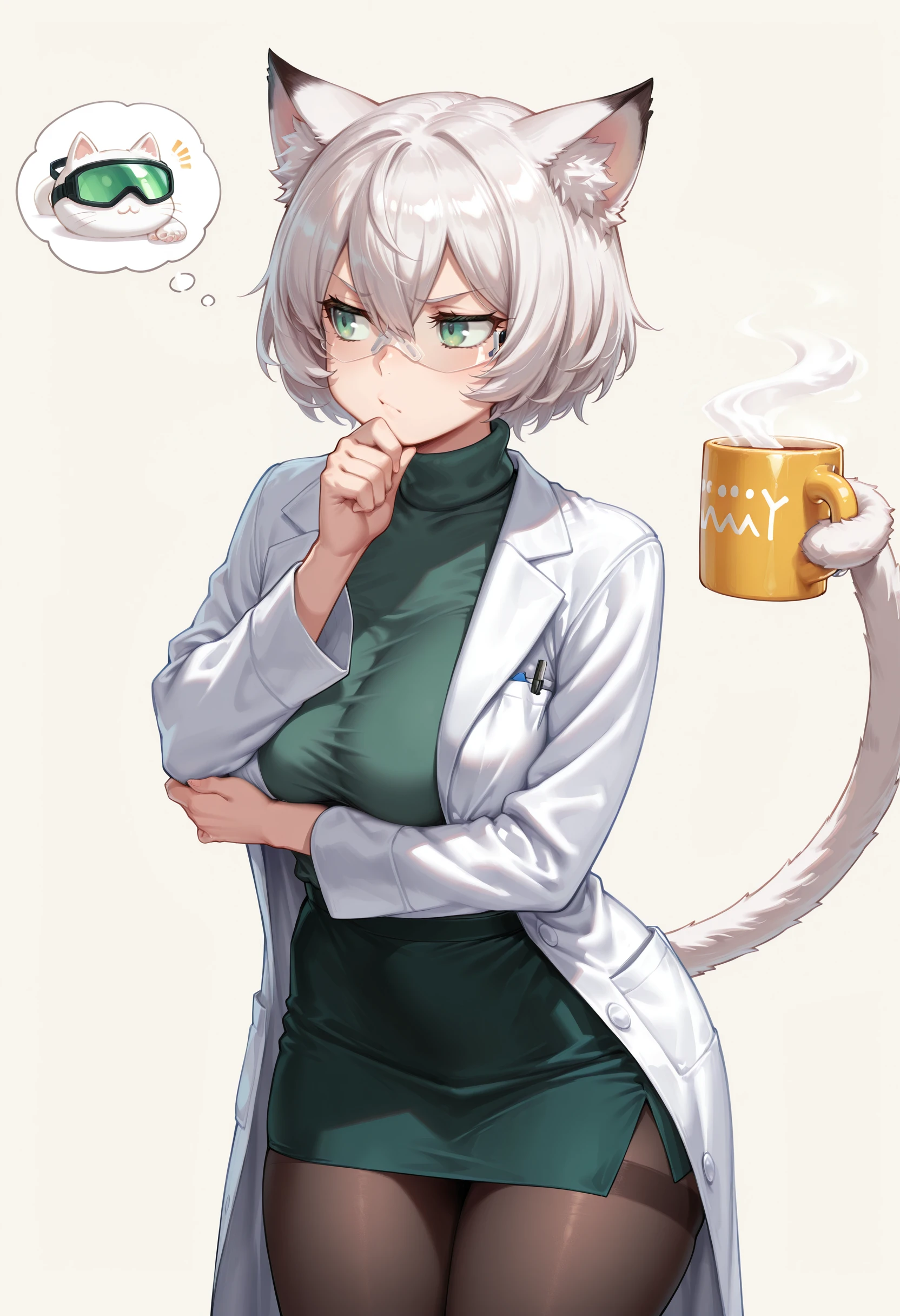 masterpiece,best quality,amazing quality,1girl,open labcoat,white cat tail, thinking,green eyes, skirt, turtleneck, prehensile tail, holding with tail,tail gripping, tail gripping mug, white hair, cat girl, hand to own chin, arm under breasts, pantyhose, hair between eyes, safety glasses, bowlcut, thought bubble, simple background, angle shot
<lora:Holding with tail (Illustrious) v1:1>