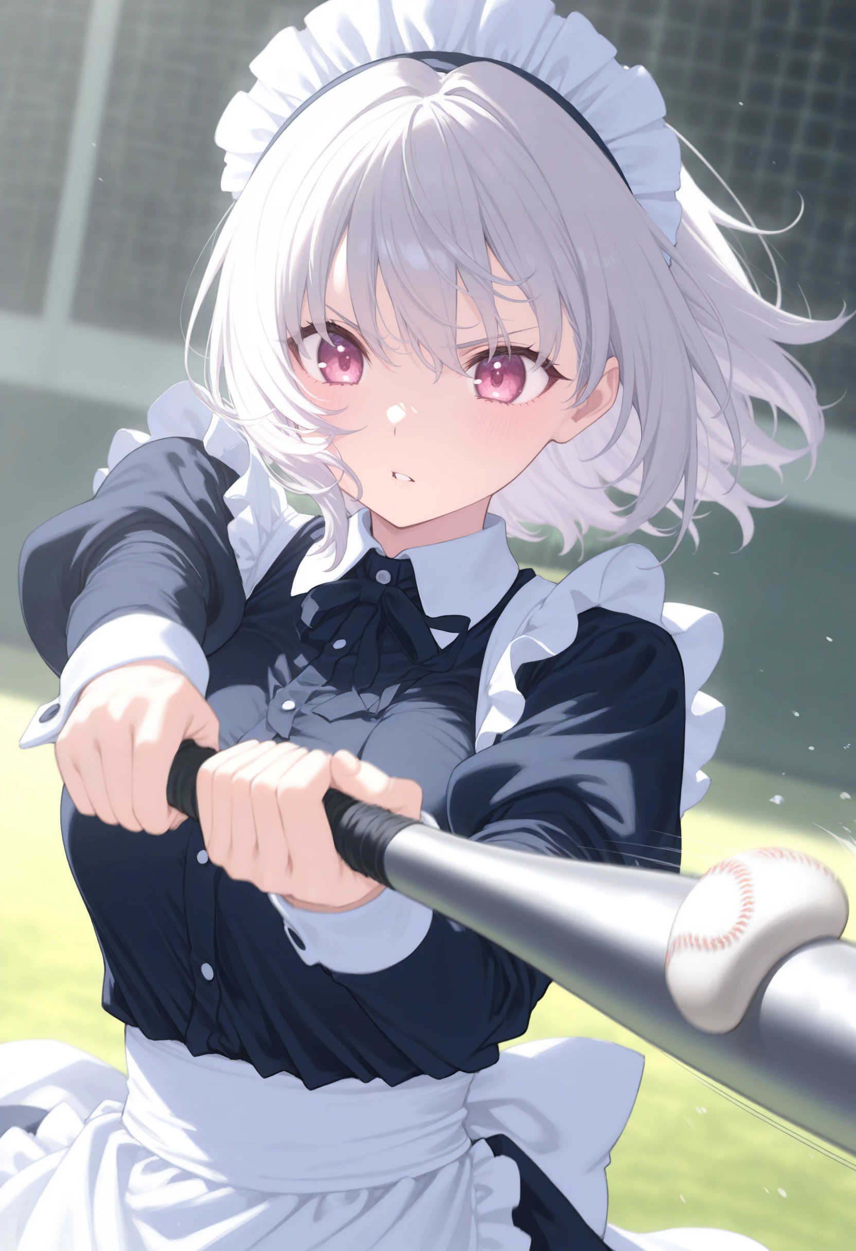 1girl,(sho \(sho lwlw\):0.7),(toosaka asagi:0.5),(sincos:0.3),solo,
masterpiece, best quality, newest, absurdres, CG, anime, source anime, illustration,
maid, maid headdress,medium breasts,
batting stance, baseball bat, baseball, holding baseball bat, motion lines, motion blur, <lora:battingstance_Illust_v2:0.8>, determined,
from side, portrait, looking down, silver hair, pink eyes,parted lips, lightly curled inwards hair,,