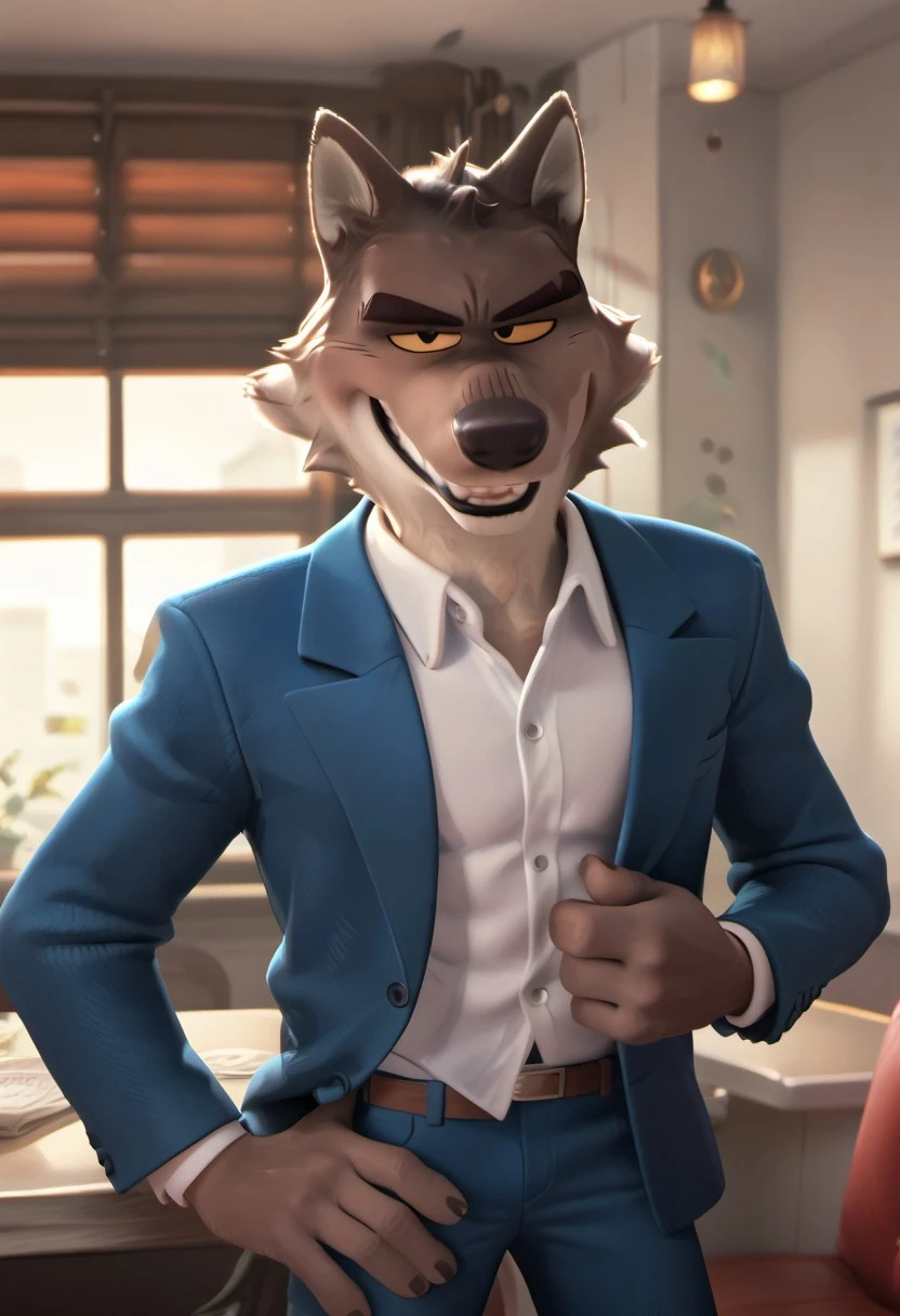 score_9_up, score_8_up, score_7_up, high quality, detailed, male, solo male, MrWolf, 1boy, mature male, anthro, wolf, grayish brown body, black eyes, yellow sclera, colored sclera, animal ears, broad shoulders, athletic build, light underbelly, thick eyebrows, standing, half body, indoors, looking at viewer, smiling, half lidded eyes, white shirt, blue suit, one hand on hip, suave, volumetric lighting, masterpiece