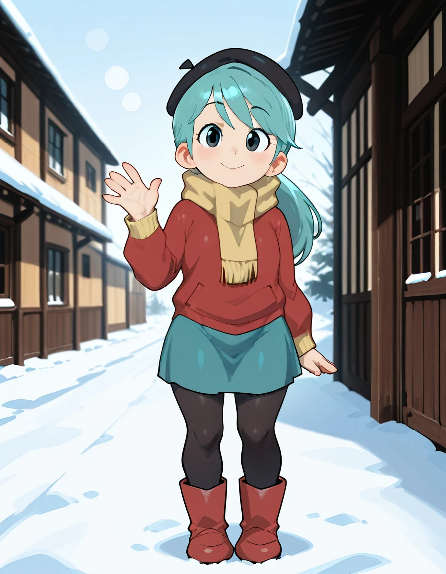 cinematic film still cinematic still boots, black pantyhose, pantyhose, red footwear, looking at viewer, waving, beret, black eyes, smile,aqua hair, skirt,Hilda is outside in the snow,outside ,outdoor <lora:Hilda_Netfelx_Show_1.0:1><lora:NTR_MIX_4.0_LORA:0.4> . anime style, key visual, vibrant, studio anime, highly detailed . shallow depth of field, vignette, highly detailed, high budget, bokeh, . emotional, harmonious, vignette, highly detailed, high budget, bokeh, cinemascope, moody, epic, gorgeous, film grain, grainy . shallow depth of field, vignette, highly detailed, high budget, bokeh, cinemascope, moody, epic, gorgeous, film grain, grainy
