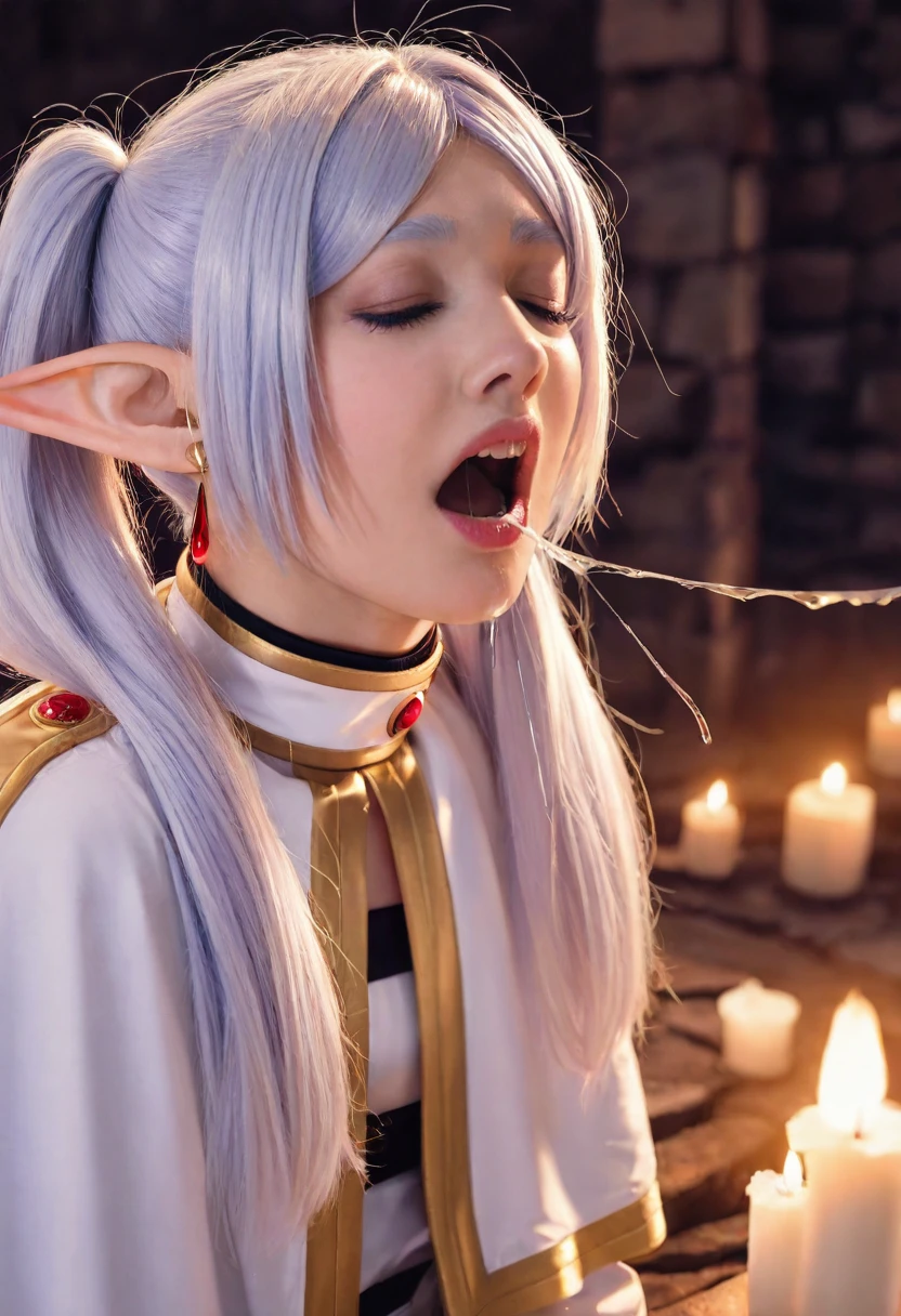 From front,(realistic,photorealistic:1.2),(masterpiece,best quality,highres,absurdres:1),4K photo,cosplay photo,1girl,
(sousou no frieren,frieren:0.8),elf,long hair,pointy ears, white capelet, long sleeves,solo,twintails,white hair, gold trim,
skin texture,detailed facial features,real face,orgasm face,female orgasm, orgasm, closed eyes, open mouth, teeth,Upper Body,(saliva trail, saliva,saliva drip),lips, parted lips,
(fine fabric emphasis),depth of field,bokeh ,Dungeon Background,Candle <lora:noobXL-realistic-V2.1:0.5> <lora:female orgasm-noob-V1:0.7>