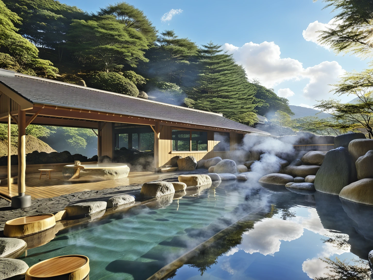 <lora:JJsOnsen_XL:1> , (onsen), ultra realistic, masterpiece, best quality,, scenery, water, tree, no humans, , east asian architecture,outdoors, day, rock, sky, nature, reflection, center composition . steam,cloud,