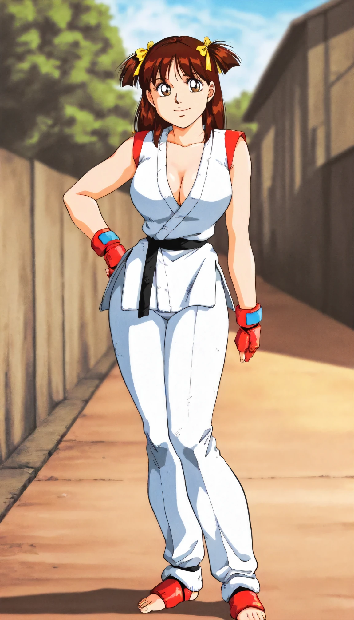 <lora:TySc_asaka_satsukiXLIllustrious001>,
masterpiece,best quality,good quality,newest,
outdoors,
smile,
looking at viewer,
solo,
anime coloring,retro artstyle,1980s (style),
asaka_satsuki\(tsukiatte_yo!_satsuki-chan\),1girl,brown hair,medium hair,two -side up,hair ribbon,brown eyes,
large breasts,cleavage,
white dougi,sleeveless,red shoulder trim,
fingerless gloves,red gloves,
white dougi pants,
foot armor,barefoot,toeless footwear,
standing,