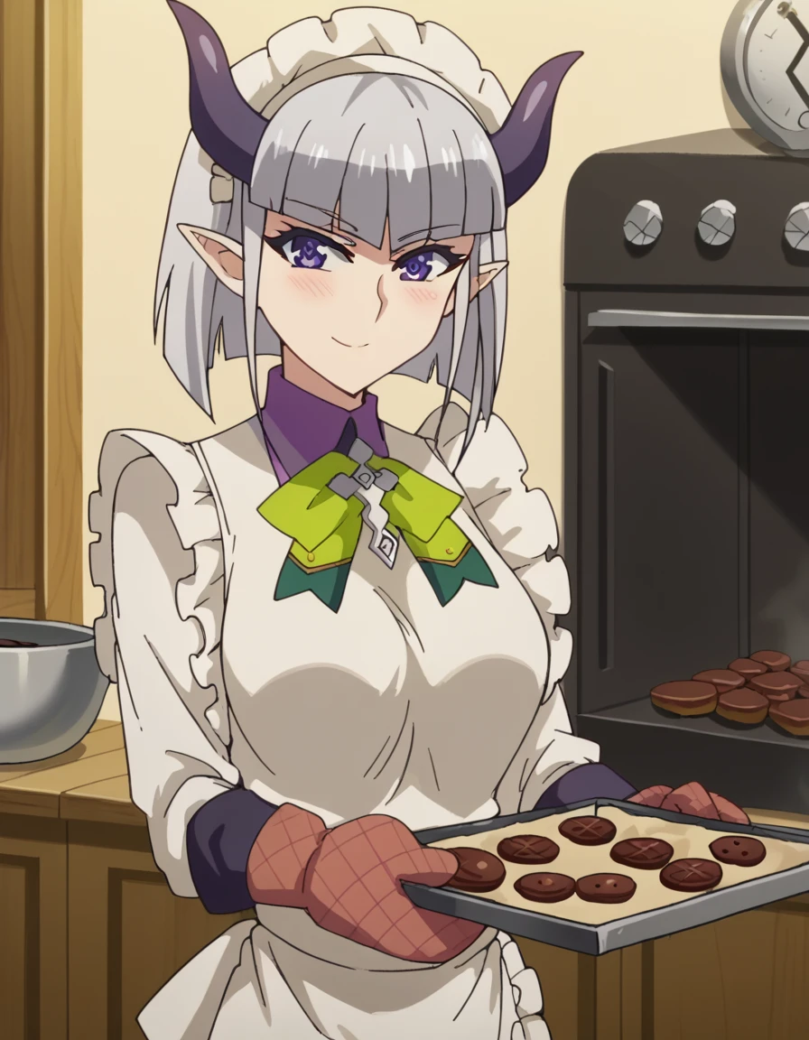 score_9, score_8_up, score_7_up, source_anime, <lora:maoutestament-lucia-s2-ponyxl-lora-nochekaiser:1>, maoutestament lucia, short hair, bangs, grey hair, horns, pointy ears, demon horns, purple eyes, large breasts, anime screencap,, <lora:baking-cookies-ponyxl-lora-nochekaiser:1>, baking cookies, looking at viewer, blush, smile, gloves, holding, frills, food, indoors, apron, chocolate, cookie, oven mitts,, , cowboy shot, solo