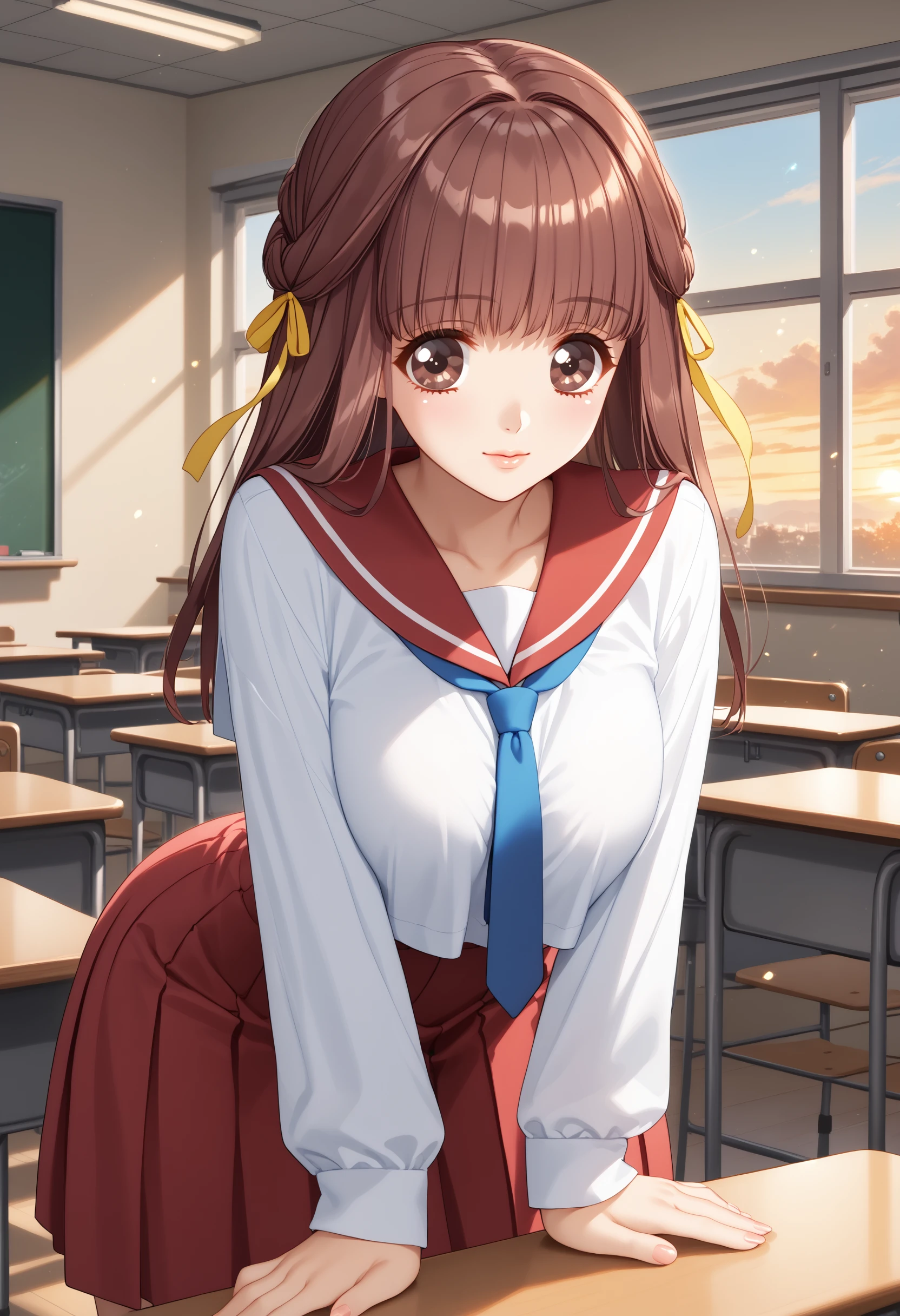 score_9, score_8_up, score_7_up, BREAK <lora:Maika:1>, maika, yellow hair ribbon, 1girl,brown hair,long hair, brown eyes,straight hair,sidelocks,red sailor collar,white tunic,long sleeves, red skirt,blue necktie,leaning forward,classroom,school,indoors,light particles,sunset,windows, <lora:StS_PonyXL_Detail_Slider_v1.4_iteration_3:1>
