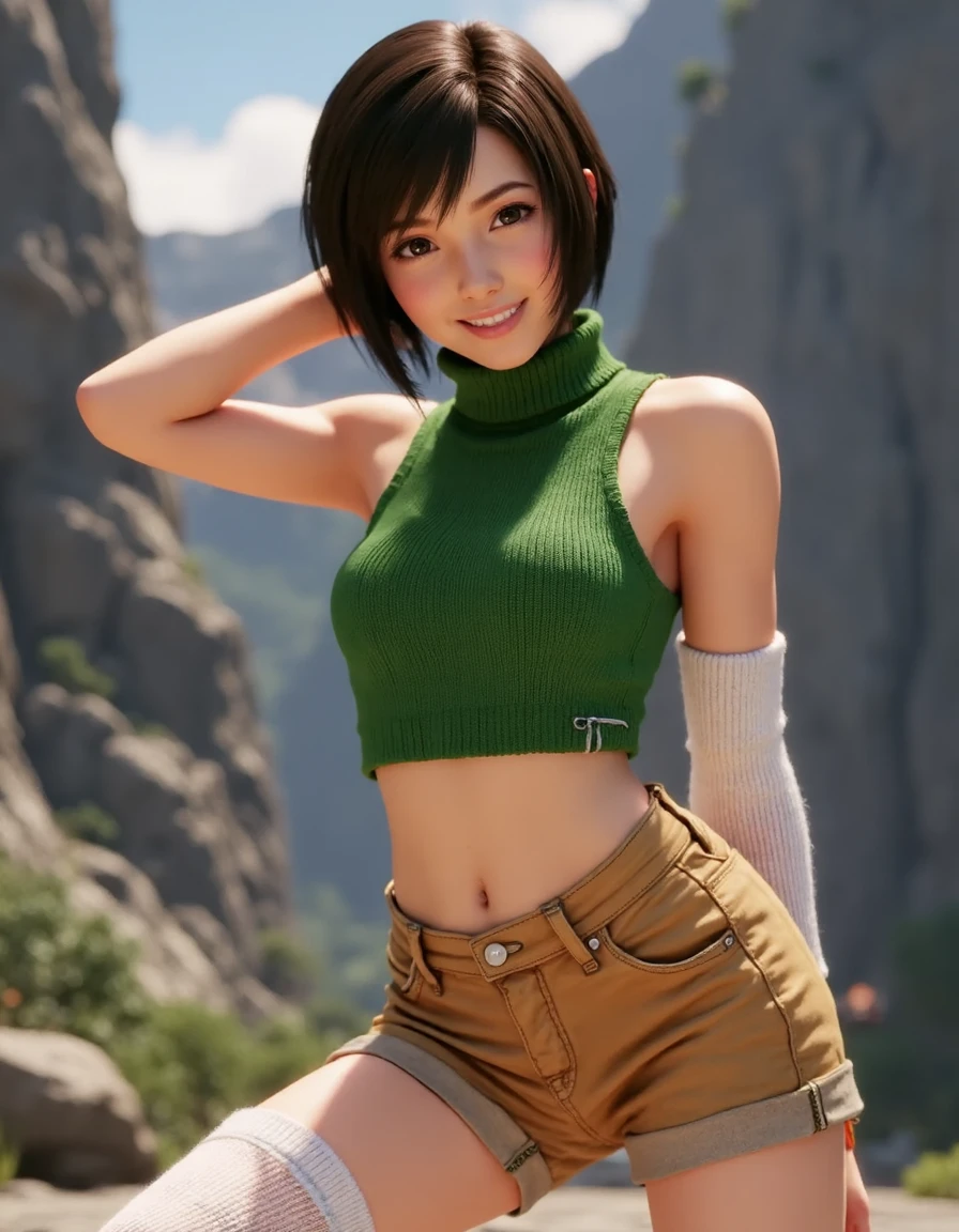 a beautiful female <lora:yuffie:1>, wearing a sleeveless green top with a turtleneck collar, tanned shorts, white knee high socks, hair in a short bob, playful pose, smiling, unreal 5, close up, background inspired by the worlds of the final fantasy videogames