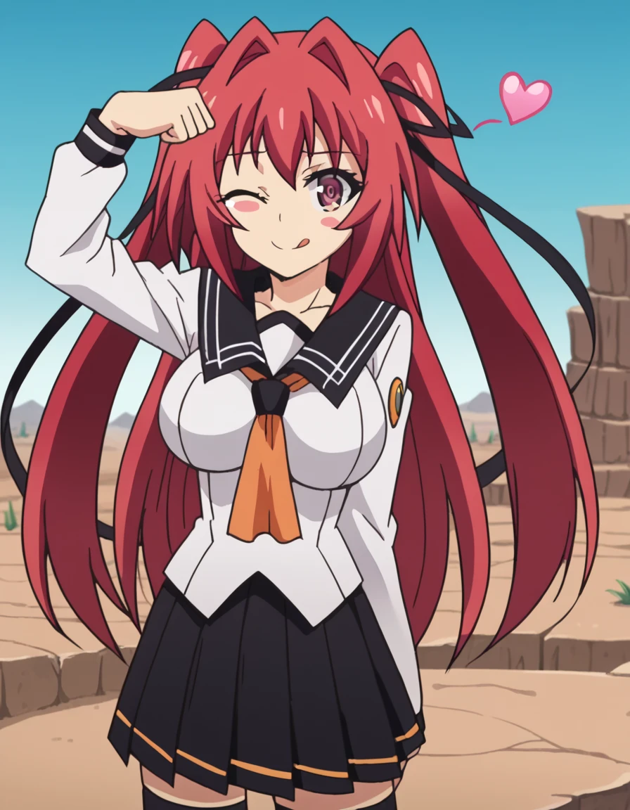 score_9, score_8_up, score_7_up, source_anime, <lora:mio-naruse-s2-ponyxl-lora-nochekaiser:1>, mio naruse, long hair, large breasts, ribbon, twintails, red eyes, hair ribbon, red hair, hair intakes, anime screencap,, skirt, thighhighs, school uniform, serafuku, black thighhighs, zettai ryouiki, white shirt, long sleeves, black sailor collar, orange neckerchief, black skirt, pleated skirt,, canyon, cliffs, desert, rocky, open, smile, <lora:dojikko-pose-ponyxl-lora-nochekaiser:1>, dojikko pose, blush, heart, blush stickers, smile, tongue out, arm up, looking at viewer, one eye closed, looking at viewer, solo,, cowboy shot, solo