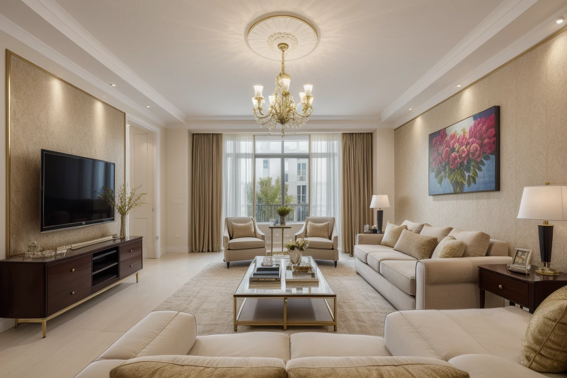 <lora:JJsAffordableLuxury:1> , ((affordable luxury)), ,ultra realistic, masterpiece, best quality,tv , ceiling light, (fabric sofa), table, flower, curtain, window, bed, painting, center composition, photography, capturing moments, storytelling, creative composition