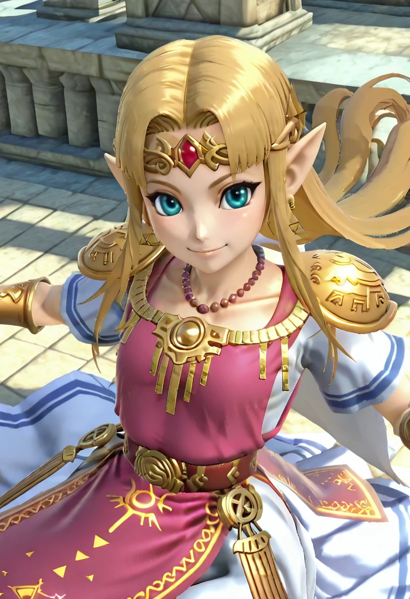 masterpiece, best quality, solo, curvy, beautiful eyes, 3d, zzZelda, blonde hair, jewelry, dress, pink tabard, triforce, circlet, armor, earrings, necklace, shoulder armor, tiara, ,<lora:ZeldaUltimate_InGame_IXL:1.0>,from above, dynamic pose, cowboy shot, smile, looking at viewer, shiny skin,<lora:ElfFio_IXL_v2:0.3>, <lora:HaradaTakehitoIXL_v3:0.3>, <lora:ZankuroIXLLight_v2:0.3>,