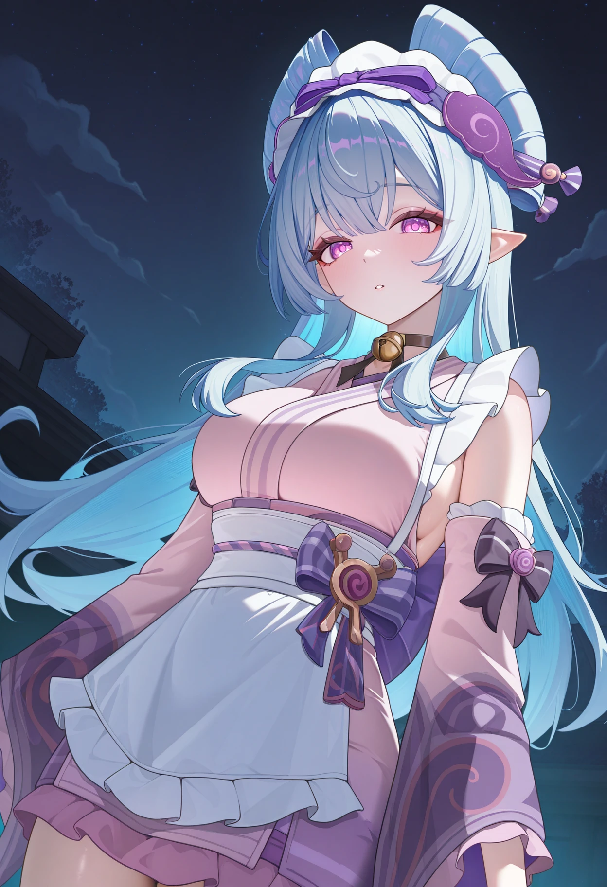 (((Itsuka Shido(date a live))),((gender bender,white hair,dark purple_eyes,cowboy shot,long straight hair)),((school uniform,huge breasts:2.0,elf,tall))