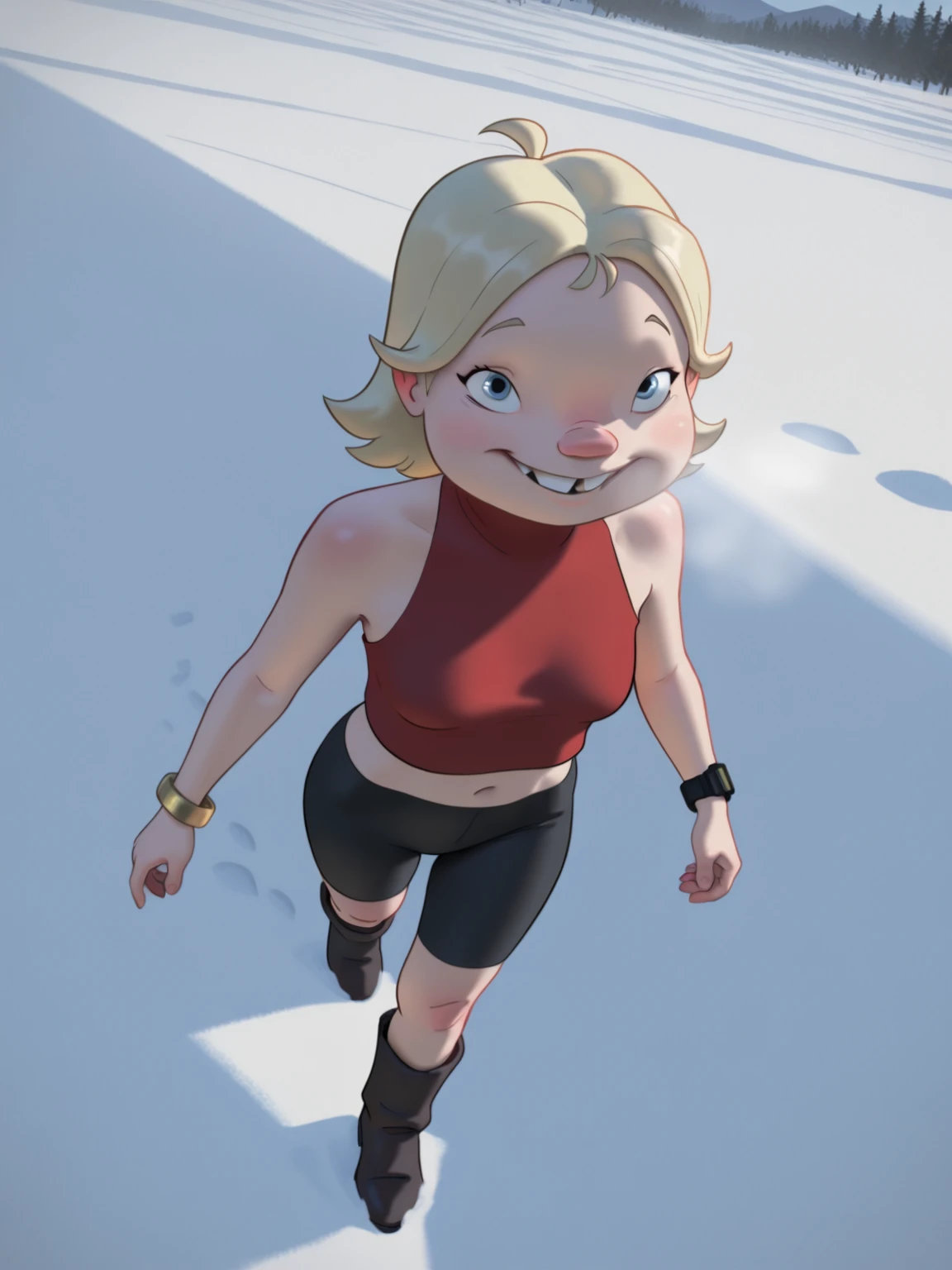 masterpiece, best quality, amazing quality, very aesthetic, absurdres, newest, dynamic_angle, defined facial features, clear picture, snow, <lora:Margu_ILv0a:0.8>
margu, buck teeth, blonde hair, evil smile, (adult:1.4, aged up:1.4),small breasts, blonde hair, red sleeveless crop top, black bike shorts, long black boots, gold bracelet, black watch, full body, <lora:Mizuki_Alice_PDXLv1-e105:0.4> solo,