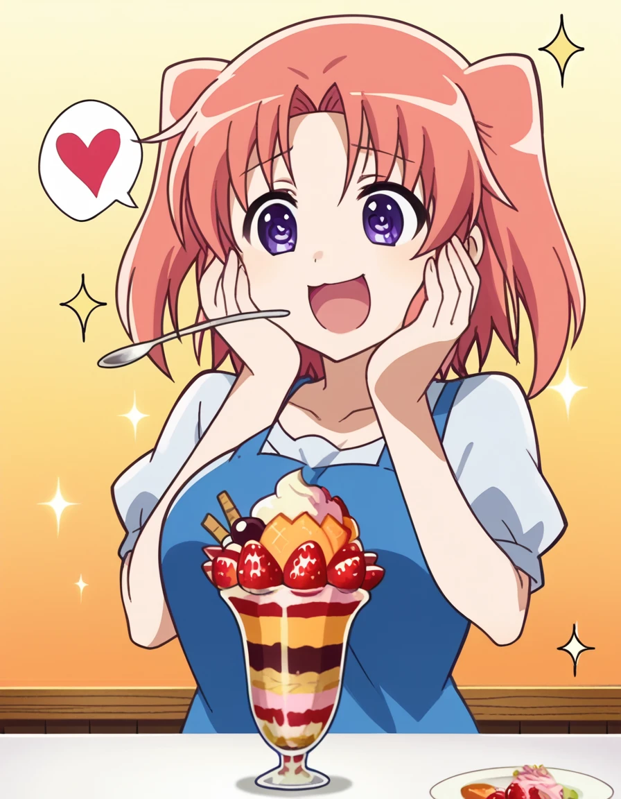 score_9, score_8_up, score_7_up, source_anime, <lora:kobeni-yonomori-s1-ponyxl-lora-nochekaiser:1>, kobeni yonomori, short hair, purple eyes, pink hair, two side up, large breasts, anime screencap,, <lora:parfait-ponyxl-lora-nochekaiser:1>, parfait, open mouth, heart, food, sparkle, fruit, happy, hand on own face, spoken heart, ice cream, strawberry, spoon, hand on own cheek, cherry, holding spoon,, , cowboy shot, solo