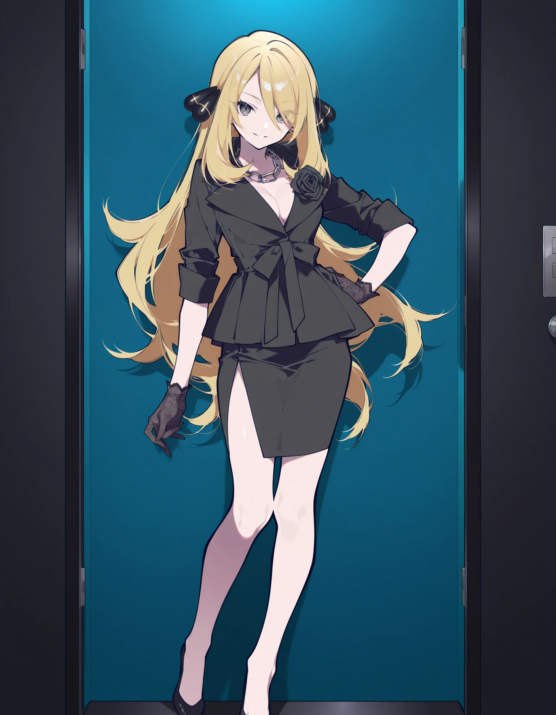 Mochizuki Kei <lora:Outfit_soph-ChicLapelSuitDress-ILXL:0.9> 1girl, solo,cynthia \(pokemon\) jacket, skirt, popped collar, rose boutonniere, chain necklace, hand on hip, peplum, short sleeves, pencil skirt, full body, sash, bow, sleeves rolled up, short gloves, lace gloves, In a secluded dining booth with champagne and strawberries wave, happy masterpiece, best quality, very aesthetic, newest
