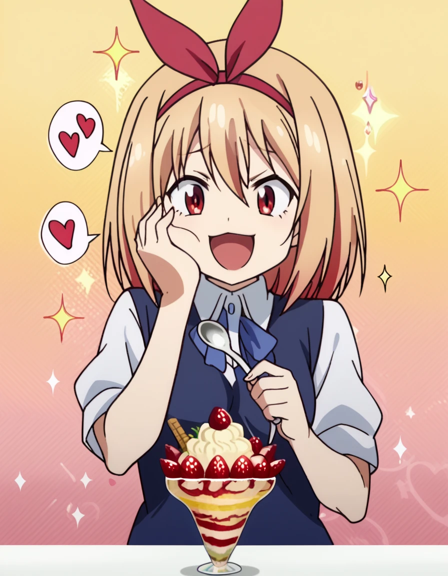 score_9, score_8_up, score_7_up, source_anime, <lora:kaori-ayase-s1-ponyxl-lora-nochekaiser:1>, kaori ayase, short hair, blonde hair, hair ribbon, hairband, red eyes, medium breasts, anime screencap,, <lora:parfait-ponyxl-lora-nochekaiser:1>, parfait, open mouth, heart, food, sparkle, fruit, happy, hand on own face, spoken heart, ice cream, strawberry, spoon, hand on own cheek, cherry, holding spoon,, , cowboy shot, solo