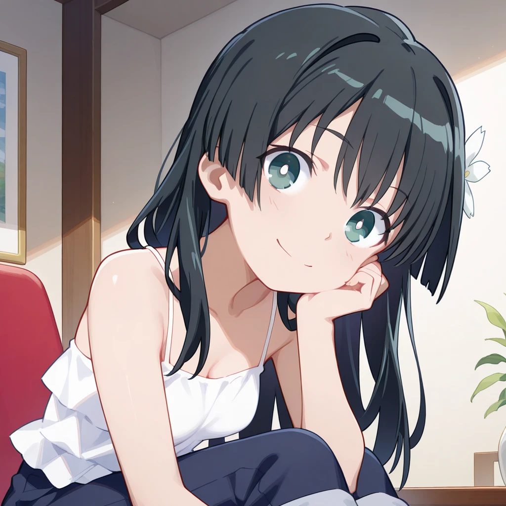(masterpiece),best quality,amazing quality,very aesthetic,absurdres,newest,perfect body,shiny skin,perfect eyes,detail1eye,well-defined fingers,well-defined fingernails,anime style,indoors,1girl,solo,upper body,(portrait:1.5),looking at viewer,facing viewer,smile,blush,aged down,Quan style,Saten Ruiko,casual clothes no.1,long hair,black hair,hair ornament,hair flower,sidelocks,bangs,black eyes,bright pupils,bare shoulders,camisole,white shirt,frilled shirt,medium breasts,dark blue pants,capri pants,pants rolled up,sandals,red footwear,<lora:Quan[style]-Illus:1.6>,<lora:Saten Ruiko(omrg)-Illus:1.8>,