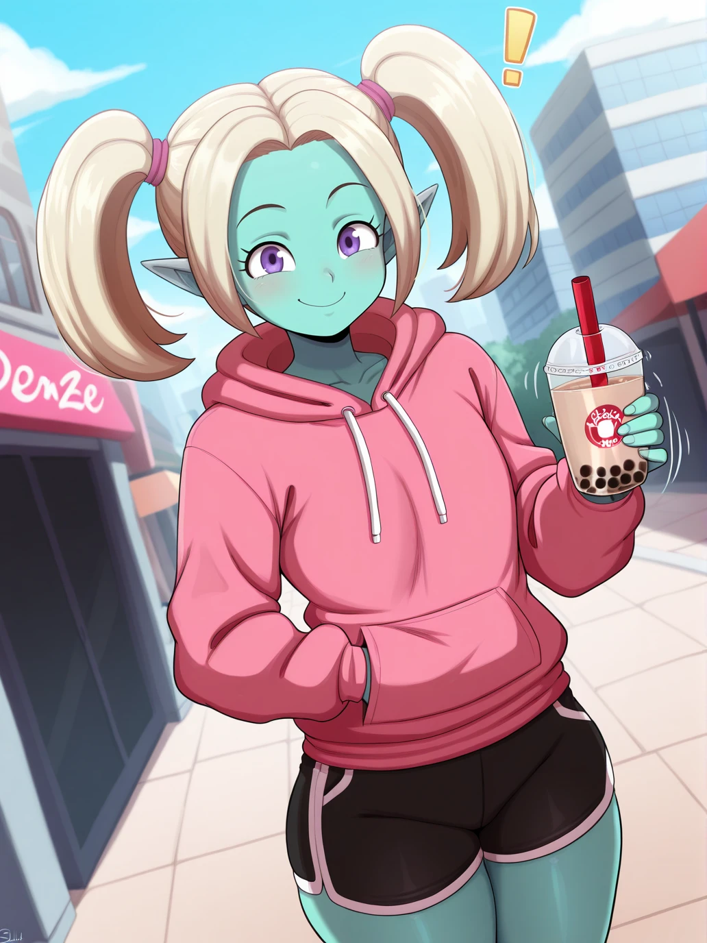 (masterpiece, amazing quality, best quality), <lora:blackwhiplash(bwl)-guy90-Illust-Lycorisv1:1>, blaash, motion lines,
<lora:Panzy IL:1>, 1girl, solo, long hair, twintails, blonde hair, pointy ears, closed mouth, smile, standing, colored skin, green skin,
pink hoodie, black shorts,
purple eyes, looking at viewer, surpsied, !,
holding, holding bubble tea, bubble tea, hand in pocket,
outdoors, building,
standing, cowboy shot, dutch angle, solo focus,