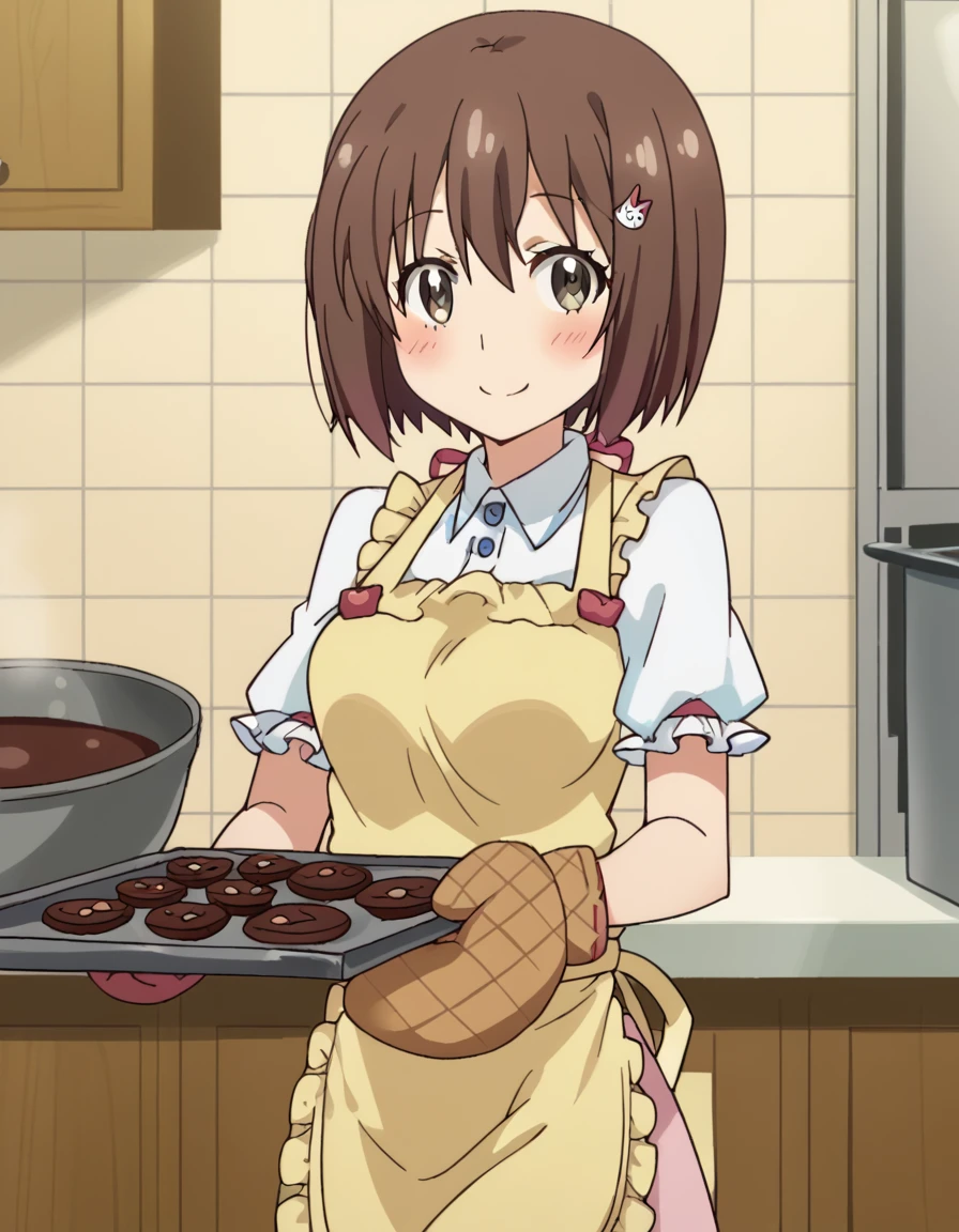 score_9, score_8_up, score_7_up, source_anime, <lora:mizuki-usami-s1-ponyxl-lora-nochekaiser:1>, mizuki usami, short hair, brown hair, hair ornament, hairclip, brown eyes, medium breasts, anime screencap,, <lora:baking-cookies-ponyxl-lora-nochekaiser:1>, baking cookies, looking at viewer, blush, smile, gloves, holding, frills, food, indoors, apron, chocolate, cookie, oven mitts,, , cowboy shot, solo
