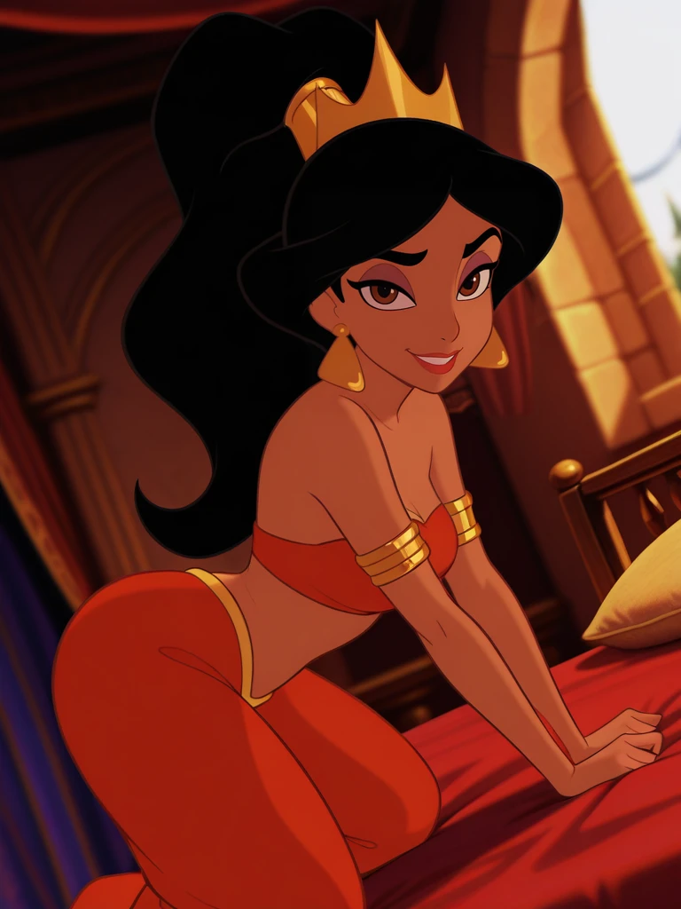 (screencap:1.2), official style, blurry background,
1girl, medium breasts, (JasmineXL:1.1), long hair, black hair, high ponytail, brown eyes, dark skin, makeup, earrings, harem pants, strapless, armlet, tube top, arabian clothes, crown,
naughty face, evil smile, dutch angle, naughty pose, looking at viewer, vegetation, indoors, palace, pillows, on bed, all fours, daylight, portrait, dynamic pose, cowboy shot, hands down, from side,,
<lora:Jasmine-IL_V2:1>