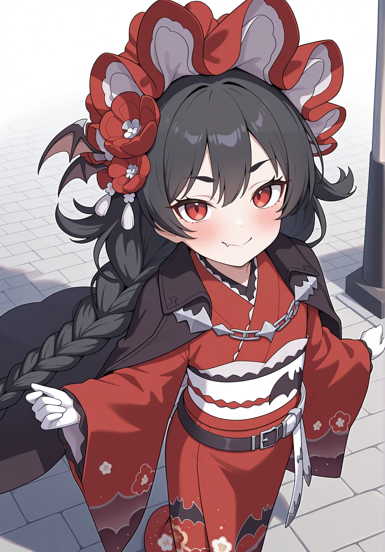 highres, best quality, masterpiece, outdoors, new year,
1girl, solo, pcrilya, very long hair, black hair, red eyes, flat chest,
ilyanyr, braid, bonnet, hair flower, black cape, chain, red kimono, flower print, bat print, white sash, belt, wide sleeves, white gloves,
looking at viewer, blush, smile, fang,
standing, from above,
<lora:_ilya_pcr-elesico-ilxl-rev2:1>