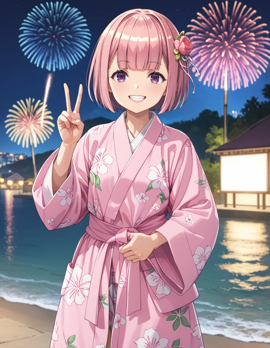 score_9, score_8_up, score_7_up, source_anime, BREAK
1girl, solo, blurry background, fireworks, night, sea, standing, smile, teeth,
short hair, pink hair, bob cut, blunt bangs, purple eyes, looking at viewer, v,
jyojifuku, yukata, japanese clothes, floral print, hair ornament,
lululi ashford (girumasu),
<lora:lululi_ashford-girumasu_s1-pxl-anime-soralz:1> <lora:yukata_pony_V1.0:0.8>