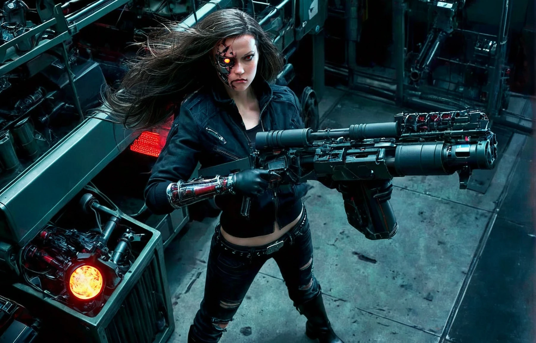 <lora:smgl _v1_ec:1>,smgl woman,crop jacket,shirt,belt,pants,boots,gloves,
(holding long weapon:1.2),massive weapon with stock,big gunbarrel,scope,
<lora:dmgfcend_v2_ec:0.75>,a smgl woman,damaged face,red eye,cybernetic,mechanical arm,plasma weapon,from above,factory,dynamic,motion,(t-800:1.2),fighting BREAK
two persons,woman versus (man_damaged face:1.1),battle scene,, ,
