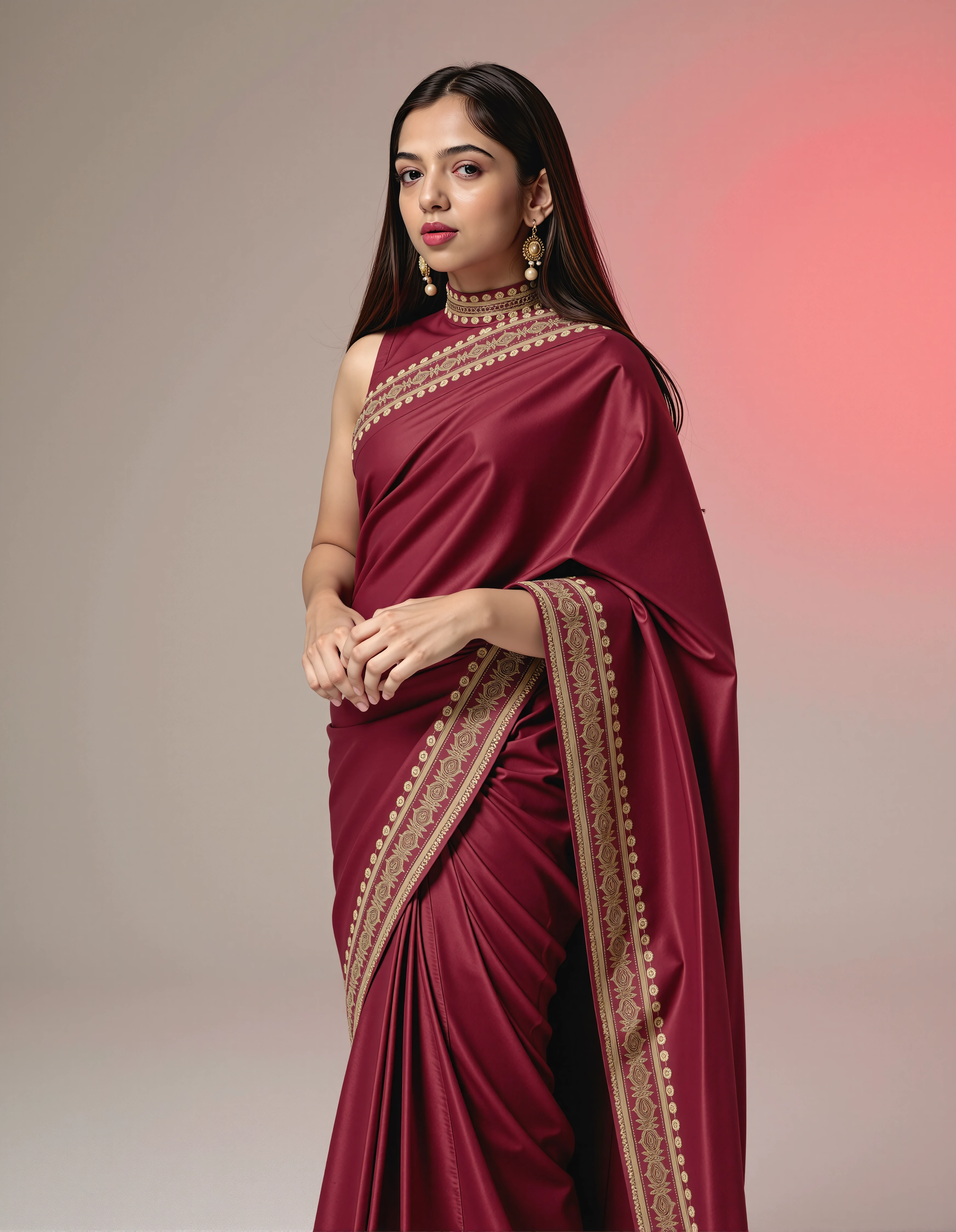 full body photo of Ahsaas Channa woman, thin waist with hourglass figure, hyper realistic candid photo, studio quality, wearing intricate conservative turtleneck Maroon Saree, straight hair, pastel shaded multicolored background, cinematic lighting,     <lora:Ahsaas_Channa_Flux_Kohya_V1:1>âââ