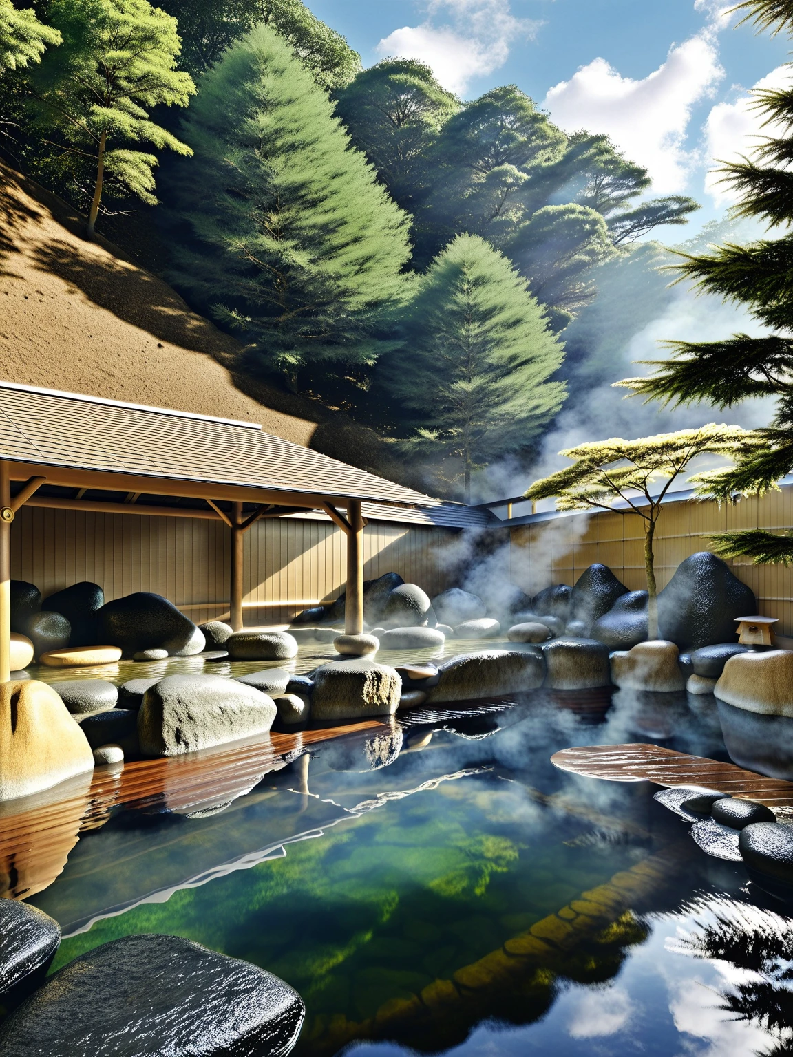 <lora:JJsOnsen_XL:1> , (onsen), ultra realistic, masterpiece, best quality,, scenery, water, tree, no humans, , east asian architecture,outdoors, day, rock, sky, nature, reflection, center composition . steam,cloud,