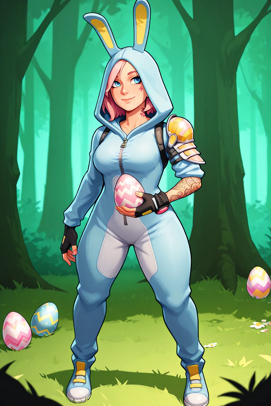 masterpiece, good quality, best quality, very awa, very as2, absurdres, highres,
<lora:Bunny Brawler PennyilluLoRA:1>bnnybrwlpnny, short hair, animal hood, onesie, shoulder straps, single shoulder armor, zipper, fingerless gloves, single long sleeve, tattoo, single bracer, in a forest, holding easter eggs, smile