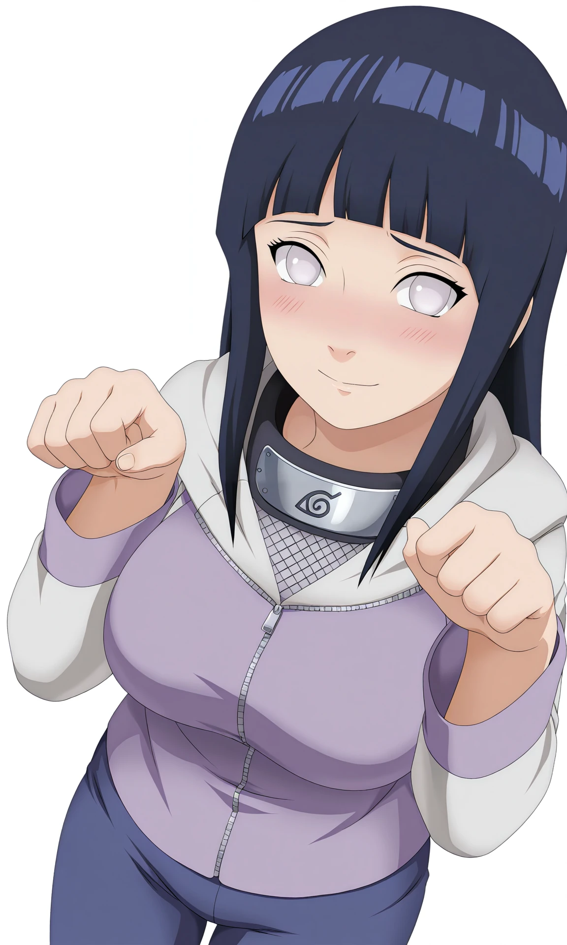 masterpiece, best quality,
game cg, game screencap,
from above, cat pose, close-up,
hntns, 1girl, solo, white eyes, looking at viewer,
konohagakure symbol, forehead protector, long hair, blunt bangs, sidelocks, straight hair, large breasts,
hoodie, long sleeves,blue pants,
smile,shy, blush,
simple background, white background,
<lora:Naruto_Hinata_NS_v2_NAIXL:0.9>