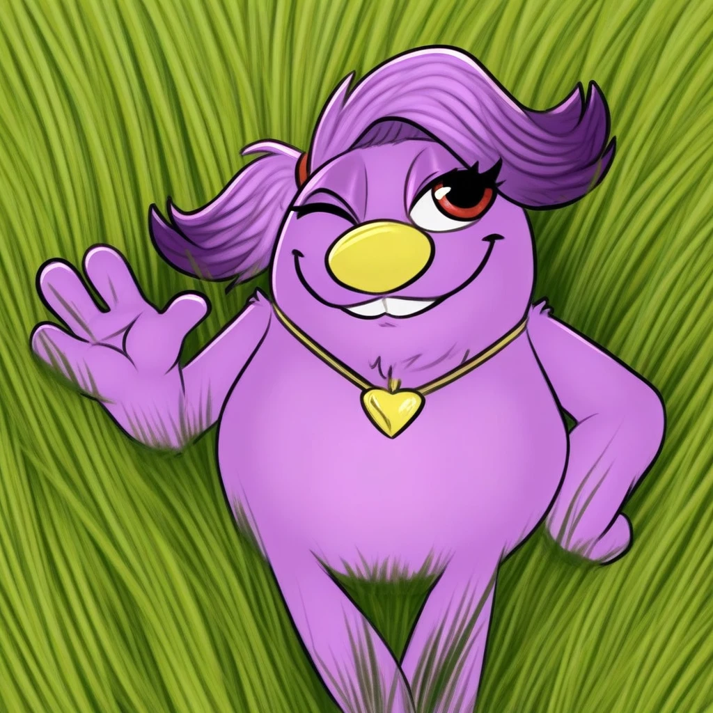 beffica(Character), purple fur, female, Solo, on grass, wink, on her side, head on hand, smile,