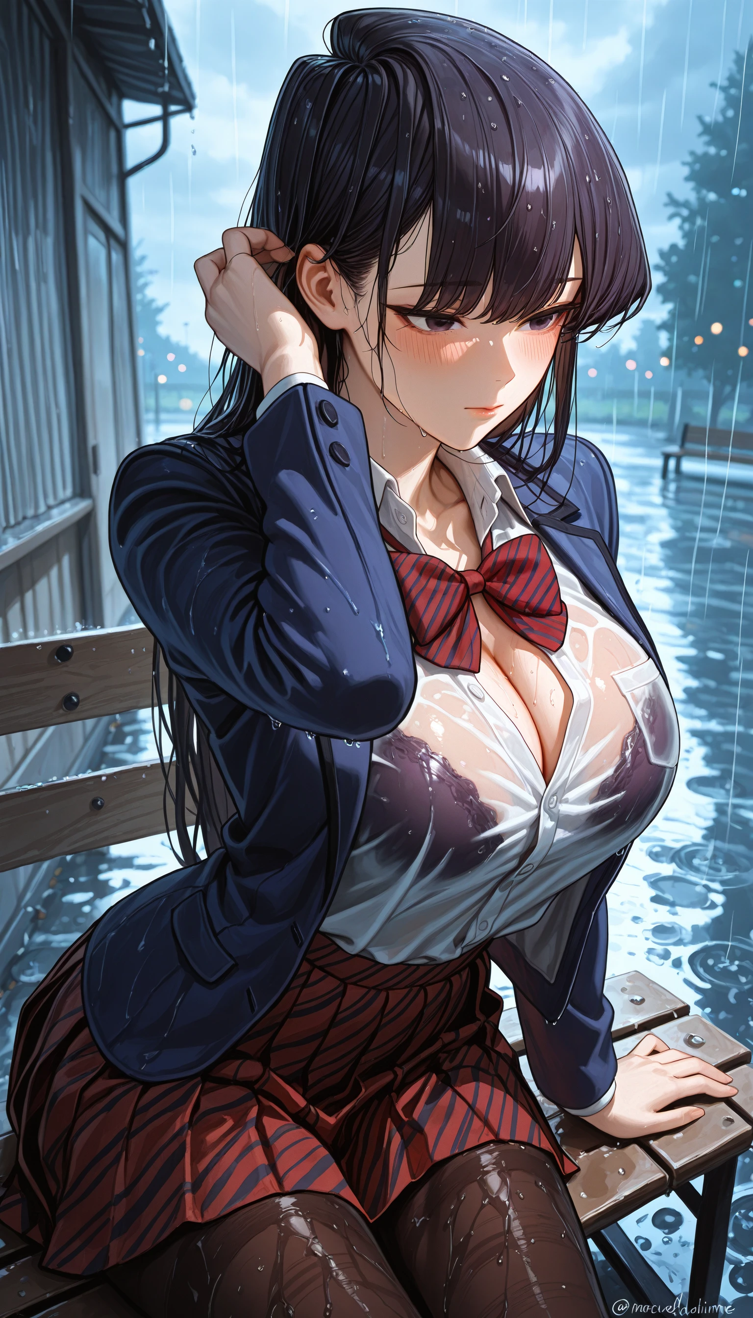 (chiaroscuro, blurry, bokeh, best quality, absurdres, HDR, contrapposto, absurdres, newest, vignetting, dutch angle, depth of field, soft luminescent glow)
(RD-illu, (marse_\(rokudaime\)) komi-san_wa_komyushou_desu
komi_shouko , 1girl, solo, long_hair, breasts, blush, bangs, skirt, large_breasts, black_hair, eyebrows_visible_through_hair, shirt, long_sleeves, bow, cleavage, school_uniform, sitting, closed_mouth, purple_eyes, jacket, pantyhose, white_shirt, pleated_skirt, parted_lips, open_clothes, outdoors, striped, collared_shirt, uniform, bowtie, hand_up, black_eyes, twitter_username, red_bow, wet, open_jacket, dress_shirt, red_skirt, blazer, blue_jacket, wet_clothes, red_bowtie, rain, hand_in_hair, striped_bow, adjusting_hair, bench, wet_shirt, wet_hair, hair_behind_ear, striped_bowtie, striped_skirt, hair_tucking, diagonal-striped_bow)
