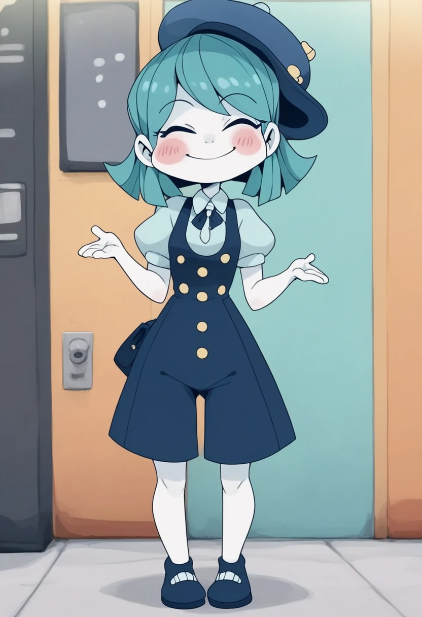 1girl, aqua hair, closed eyes, colored skin, hat, jewelry, puffy short sleeves, short hair, smile, white skin, full body <lora:fake type:1> fake-type <lora:DAGASI_Style_Pony:1> dagasi_style, score_9_up, score_8_up, score_7_up, score_6_up, masterpiece, best quality,