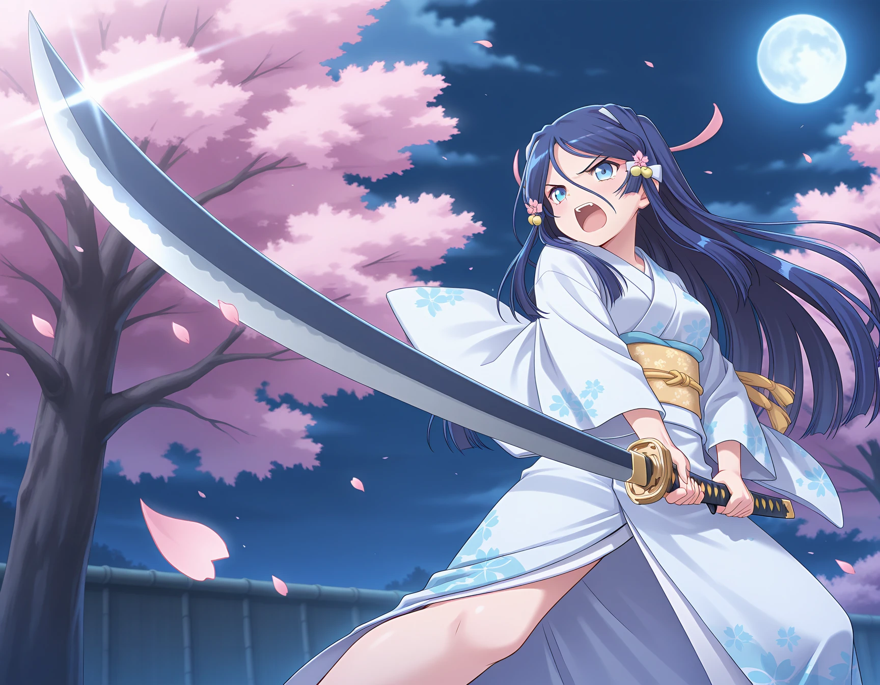 masterpiece, best quality, official art, amazing quality, ultra highres, very aesthetic, highly detailed, best hands,
1girl, solo, miki, blue hair, long hair, blue eyes, beautiful detailed eyes, hair ornament BREAK
kimono,
serious, shouting,
sunrise stance, holding, huge weapon, katana,dynamic angle,
outdoor, cherry blossom storm, moon night, sharp focus, depth of field
<lora:ichinose miki v1.1-000010:1> <lora:sunrise stance_concept_IllustriousXL_epoch-000033:1>