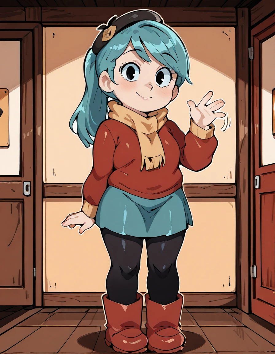boots, black pantyhose, pantyhose, red footwear, looking at viewer, waving, beret, black eyes, smile, skirt,aqua hair, <lora:Hilda_Netfelx_Show_1.0:1>